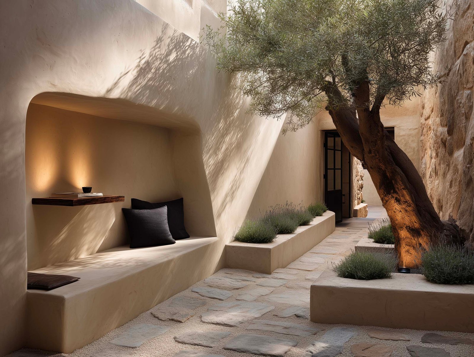 Giardino ritirato di hotel — nicchia in intonaco con cuscini, olivier centenario, lavanda in jardinières e ombre sulla parete bianca