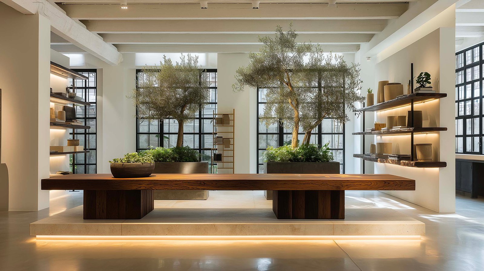 Atelier di ricerca creativa in design botanico a Milano — tavolo da lavoro con campioni di noce affumicato, Pietra Serena e Rosmarinus officinalis, partizione modulare sullo sfondo, Paracelsus Gardens™