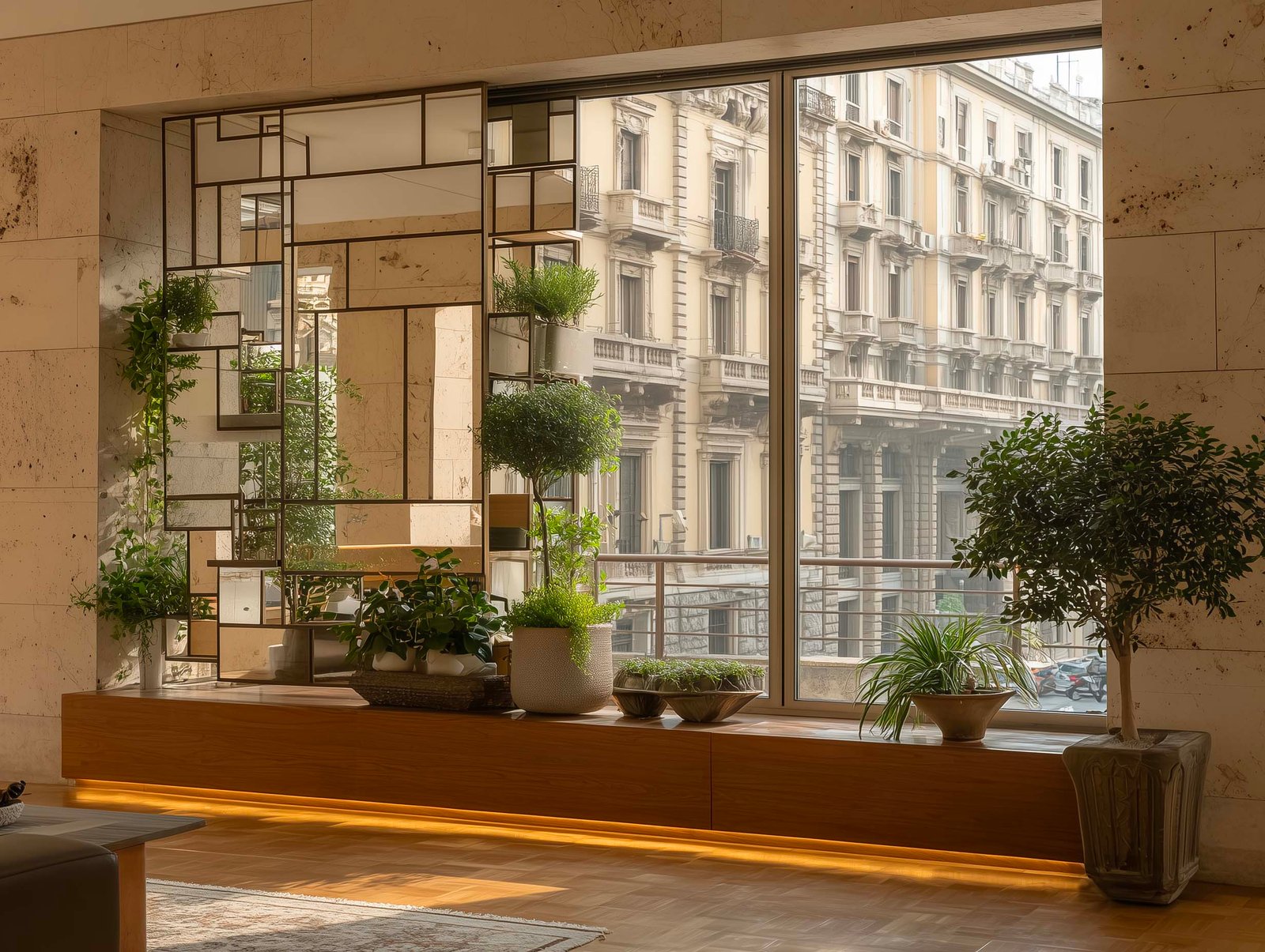 Appartamento contemporaneo milanese con partizione botanica modulare in noce affumicato e Acciaio Brunito, Rosmarinus officinalis e Laurus nobilis, vista palazzo, Paracelsus Gardens™