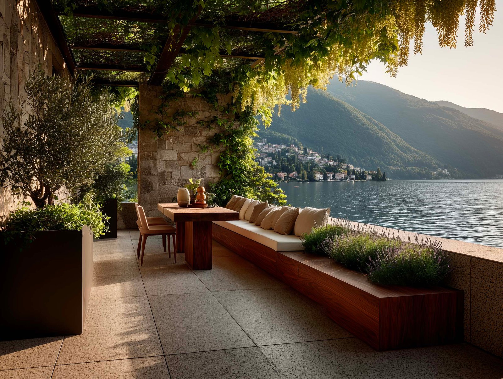 Terrazza villa sul Lago di Como con fioriera Lignum, Lavandula angustifolia, partizione botanica e console Apotheca, pergola con Wisteria, Paracelsus Gardens™
