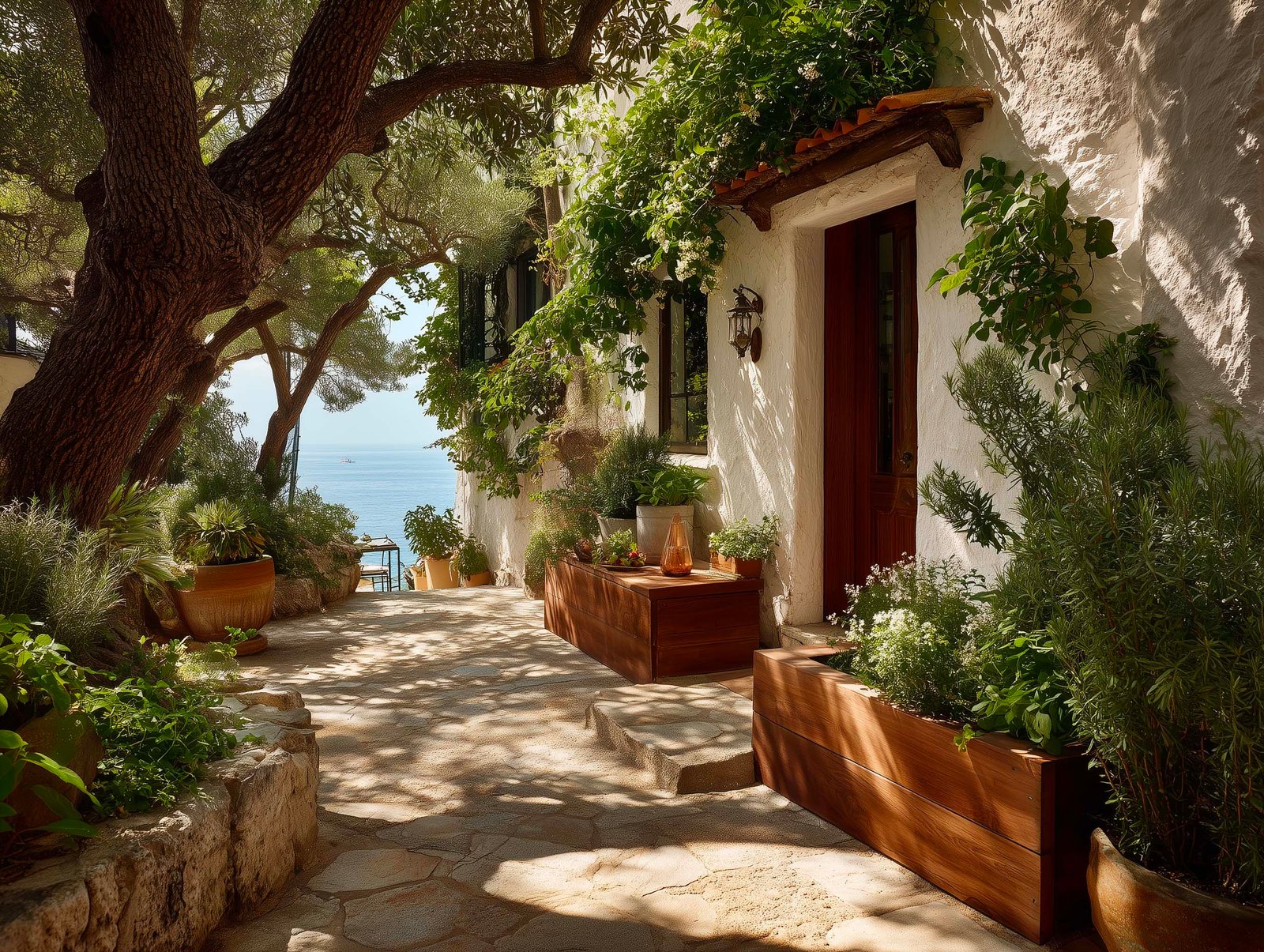 Giardino terrazzato a Portofino con fioriera Lignum, Citrus limon e Jasminum officinale rampicante, console Apotheca con Ocimum basilicum, vista mare, Paracelsus Gardens™