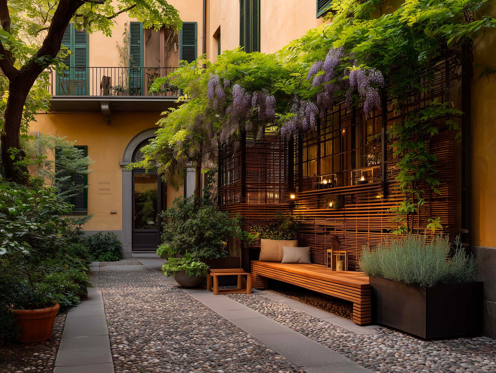 Cortile storico di palazzo milanese con partizione botanica in noce affumicato e Acciaio Brunito, Lavandula angustifolia, Hedera helix e Wisteria, pavimento in Pietra Serena, Paracelsus Gardens™