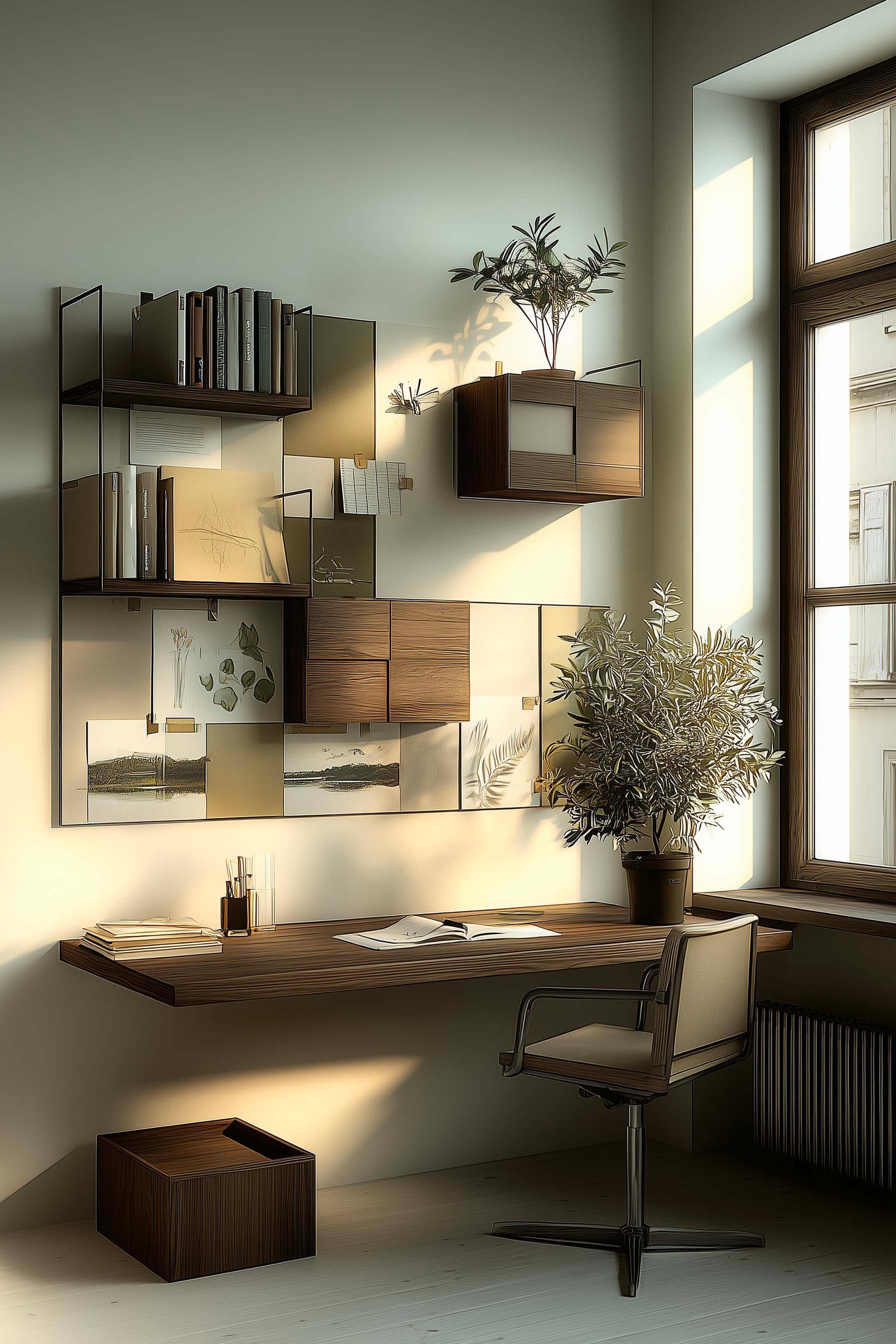 Moodboard creativa in atelier milanese — campioni di materiali, schizzi botanici, fotografie del Lago di Como e cortile milanese, ramo di Olea europaea, Paracelsus Gardens™