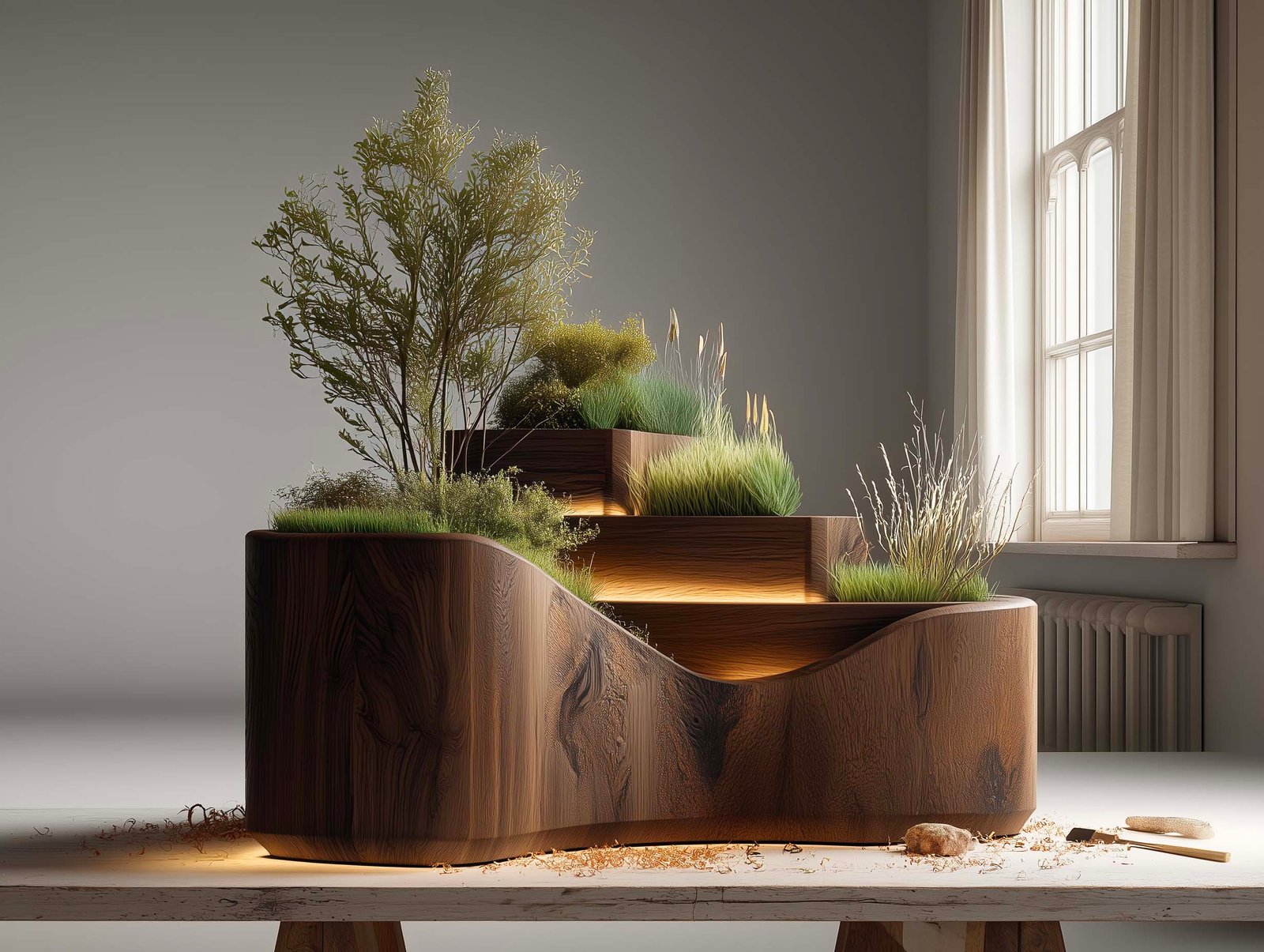 Fioriera sculturale Lignum in noce affumicato con piccolo Olea europaea su tavolo da lavoro, campione di Pietra Serena accanto, atelier Milano, Paracelsus Gardens™