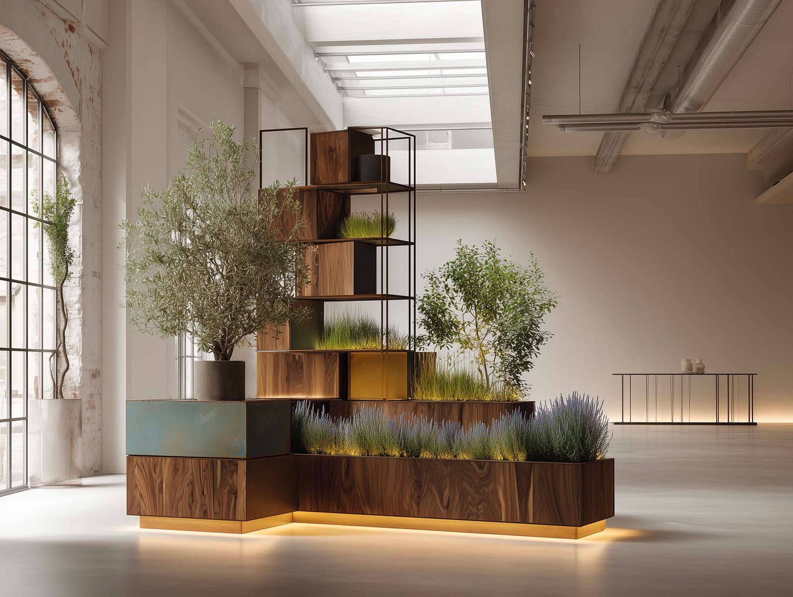 Composizione spaziale con partizione botanica, fioriera Lignum e console Apotheca su travertino chiaro, studio di proporzioni, Milano, Paracelsus Gardens™