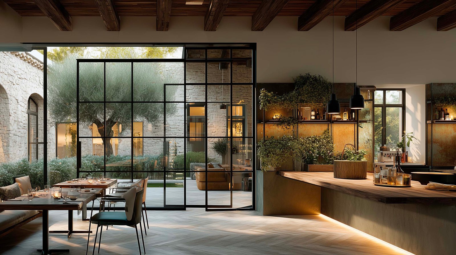 Ristorante contemporaneo italiano con partizione botanica modulare in noyer fumé, erbe aromatiche viventi al bancone, cortile con olivier e verriera in acciaio — architettura botanica al servizio dell'esperienza culinaria, Paracelsus Gardens™