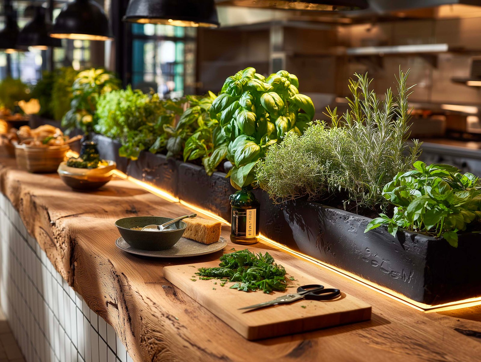 Stazione di erbe aromatiche al passe di cucina aperta — modulo Apotheca in noyer con Ocimum basilicum, Rosmarinus e Mentha viventi, tagliere e forbici in ottone, Paracelsus Gardens™