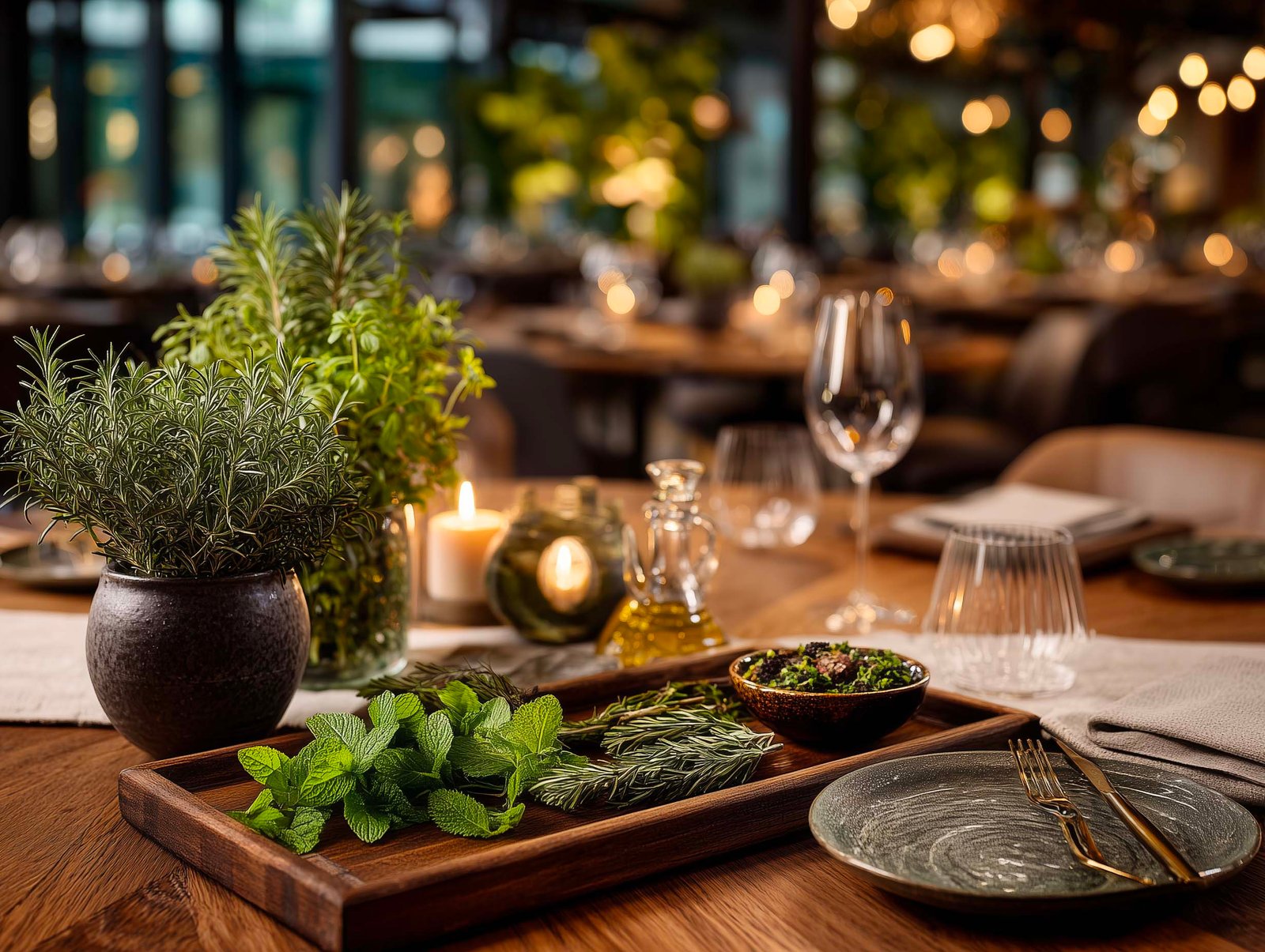Tavolo di degustazione con vassoio in noyer di erbe fresche — Rosmarinus, basilico, Thymus — forbici, fior di sale e olio d'oliva, rituale partecipativo, Paracelsus Gardens™