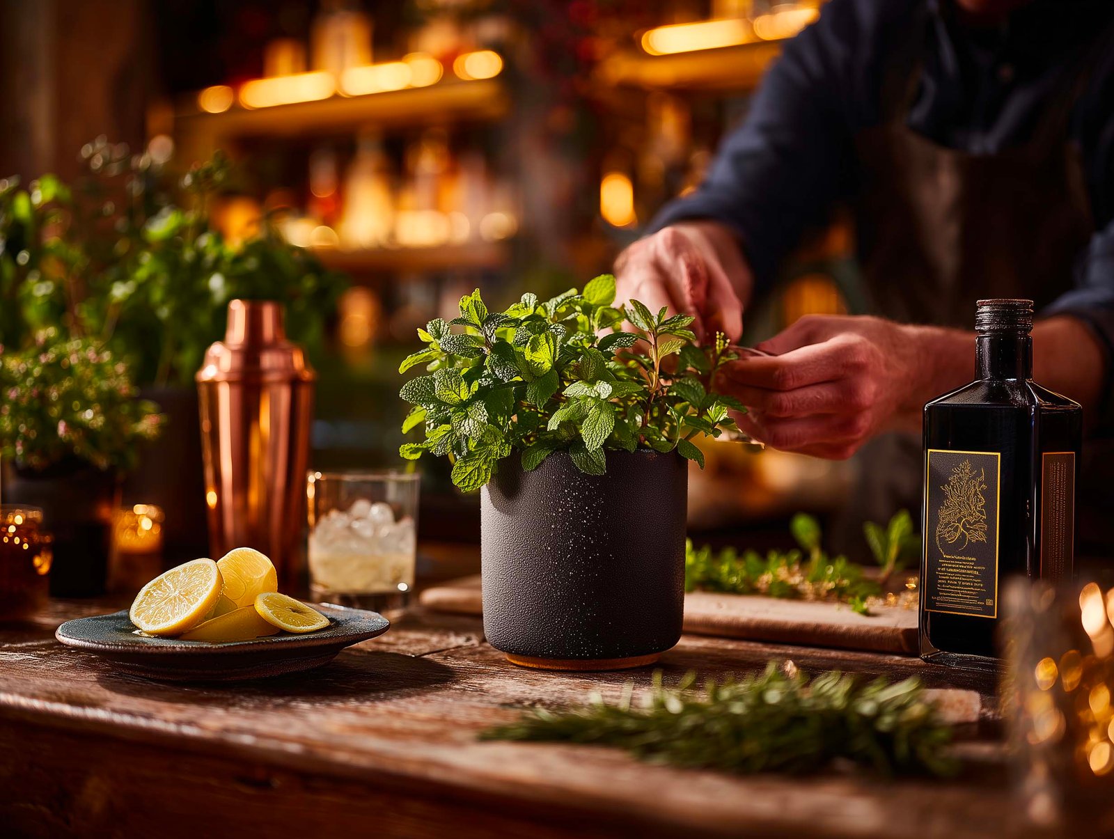 Preparazione cocktail botanico al bancone Apotheca — mani del barista che colgono Mentha dal vaso integrato, shaker in rame e gin botanico, Paracelsus Gardens™