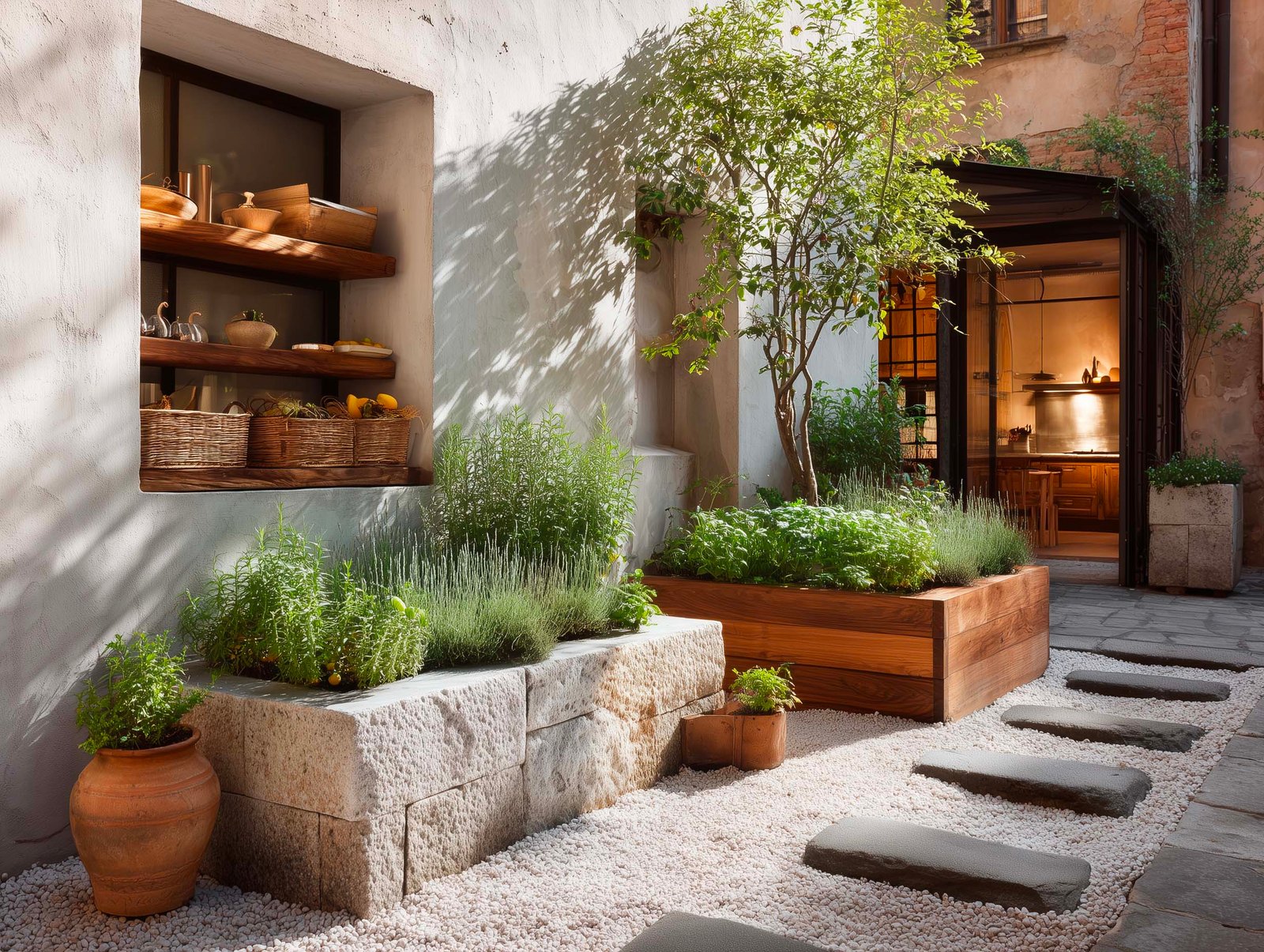 Micro-giardino culinario esterno con fioriere Lignum e Pietra Serena — Rosmarinus, basilico e Citrus limon, cesti di raccolta e porta della cucina aperta, Paracelsus Gardens™