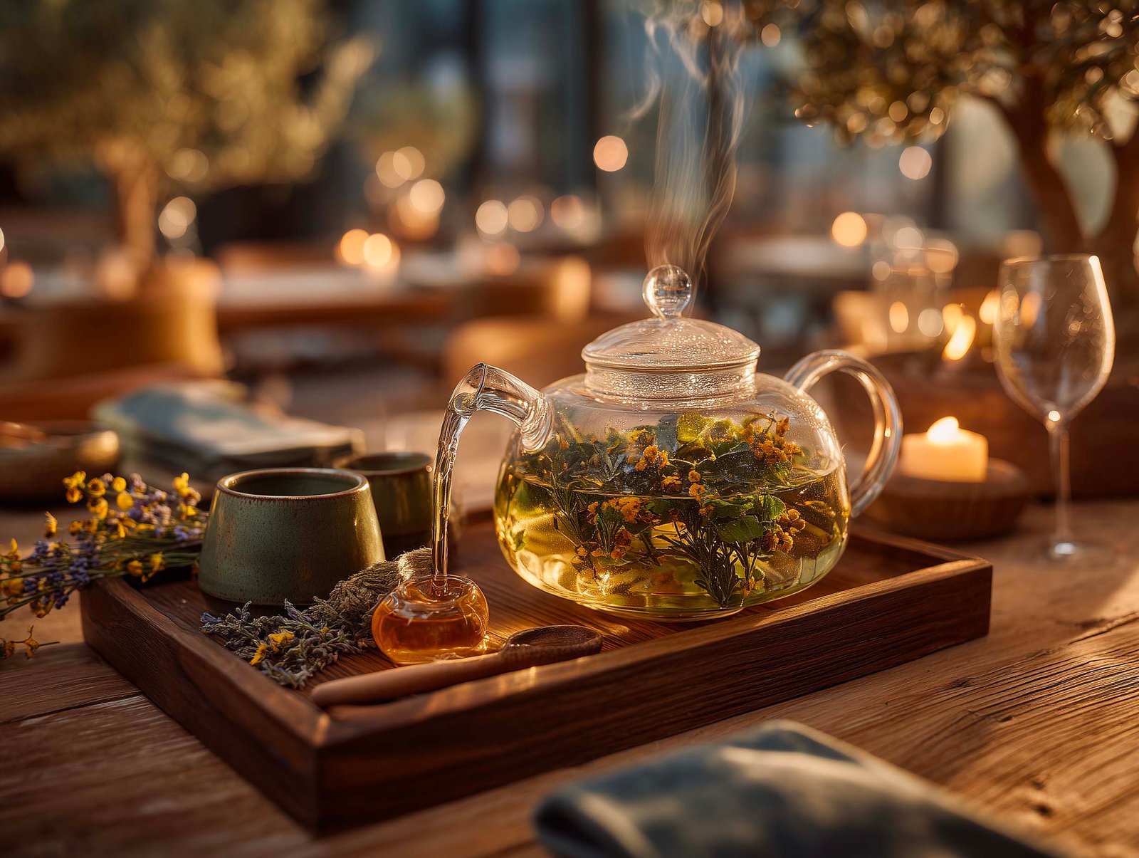 Rituale di infusione botanica a fine pasto — teiera in vetro con Chamaemelum, Mentha e Rosmarinus, tazze in ceramica e miele su vassoio in noyer, Paracelsus Gardens™