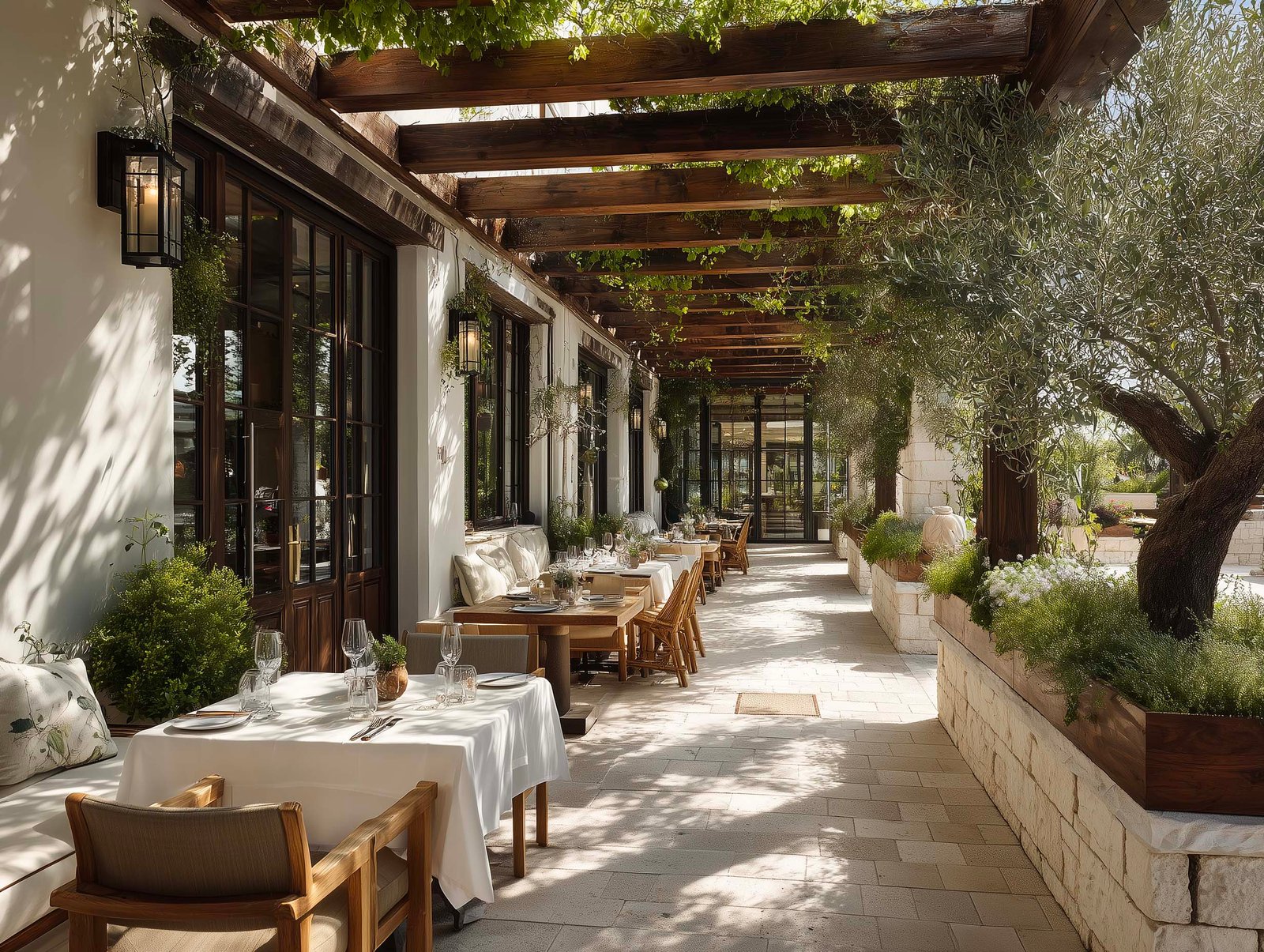 Terrazza pranzo di ristorante contemporaneo con pergola in noyer, Jasminum rampicante, tavoli con lino bianco e fioriere in Pietra Serena con Rosmarinus e Salvia, Paracelsus Gardens™