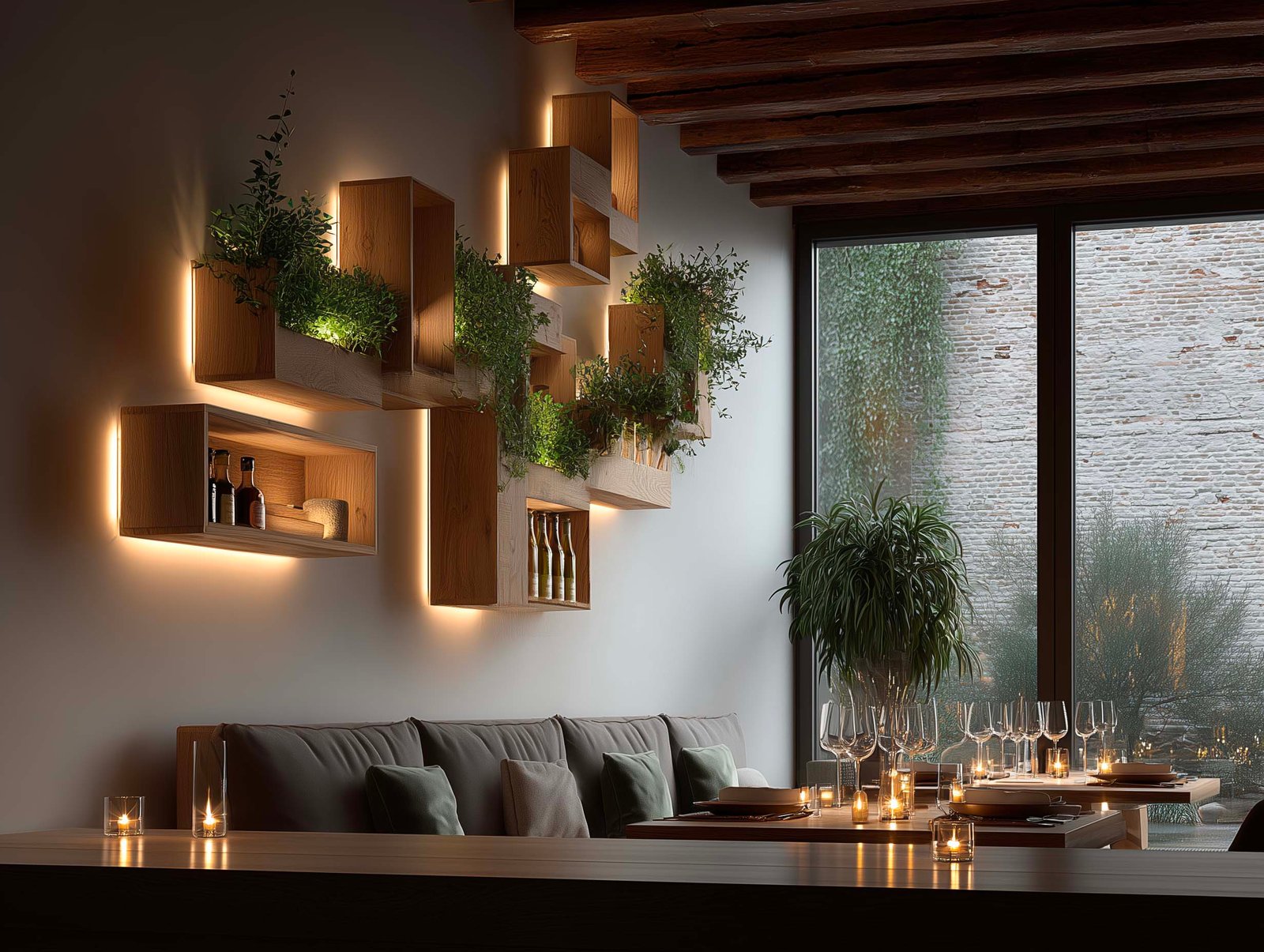 Sala ristorante serale con moduli murali in noyer retroilluminati con piante aromatiche integrate, banquette e tavoli con candele — design contemporaneo italiano, Paracelsus Gardens™