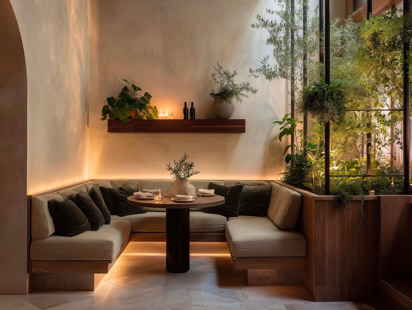 Zona intima di ristorante con banquette in L, partizione botanica in noyer con piante retombanti, mensola con candele e vista giardino attraverso vetrata, Paracelsus Gardens™
