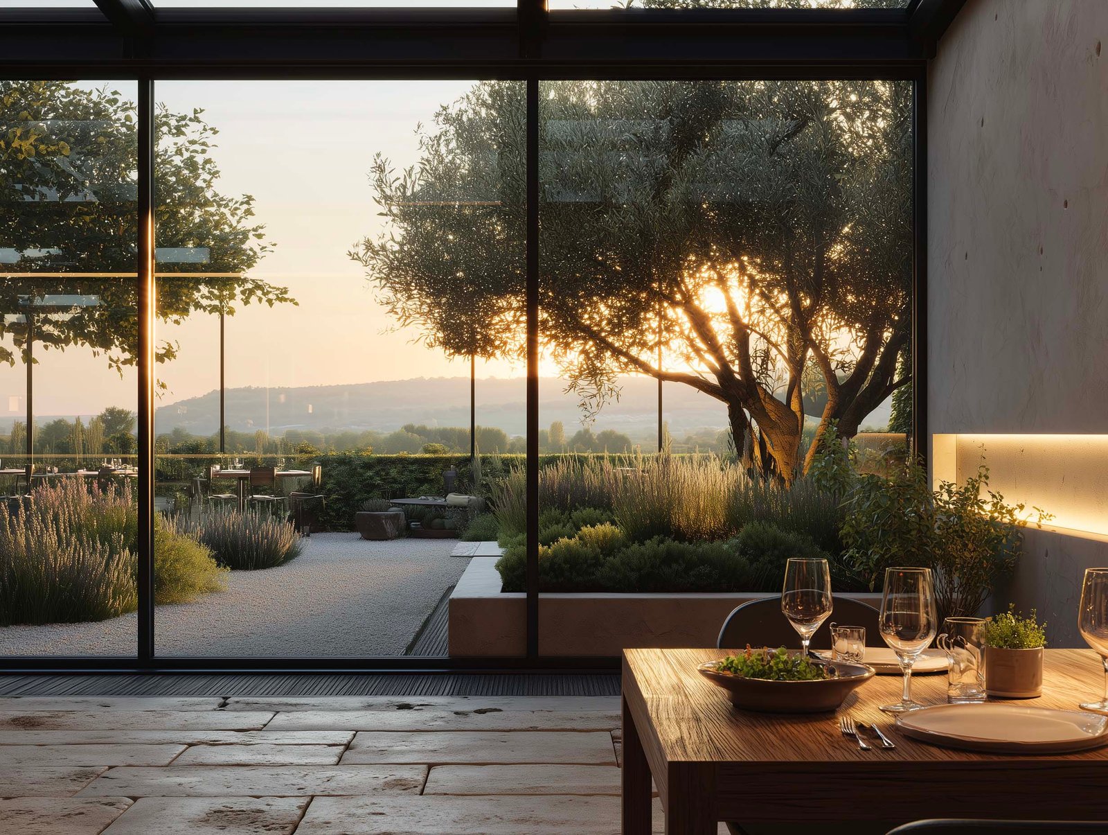 Vista dal tavolo verso il giardino attraverso vetrata in acciaio — olivier in controluce dorato, Lavandula e colline della Franciacorta, Paracelsus Gardens™