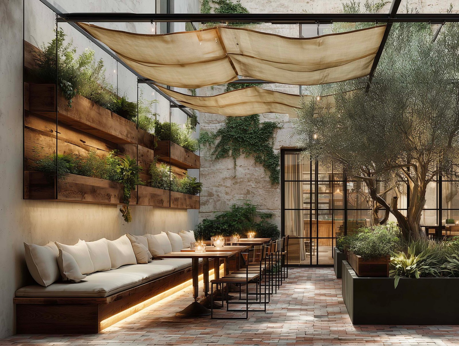 Patio stagionale di ristorante con banquette in noyer e LED, étagères murali con piante, voile in lino, olivier e pavimento in cotto — spazio ibrido tutto l'anno, Paracelsus Gardens™