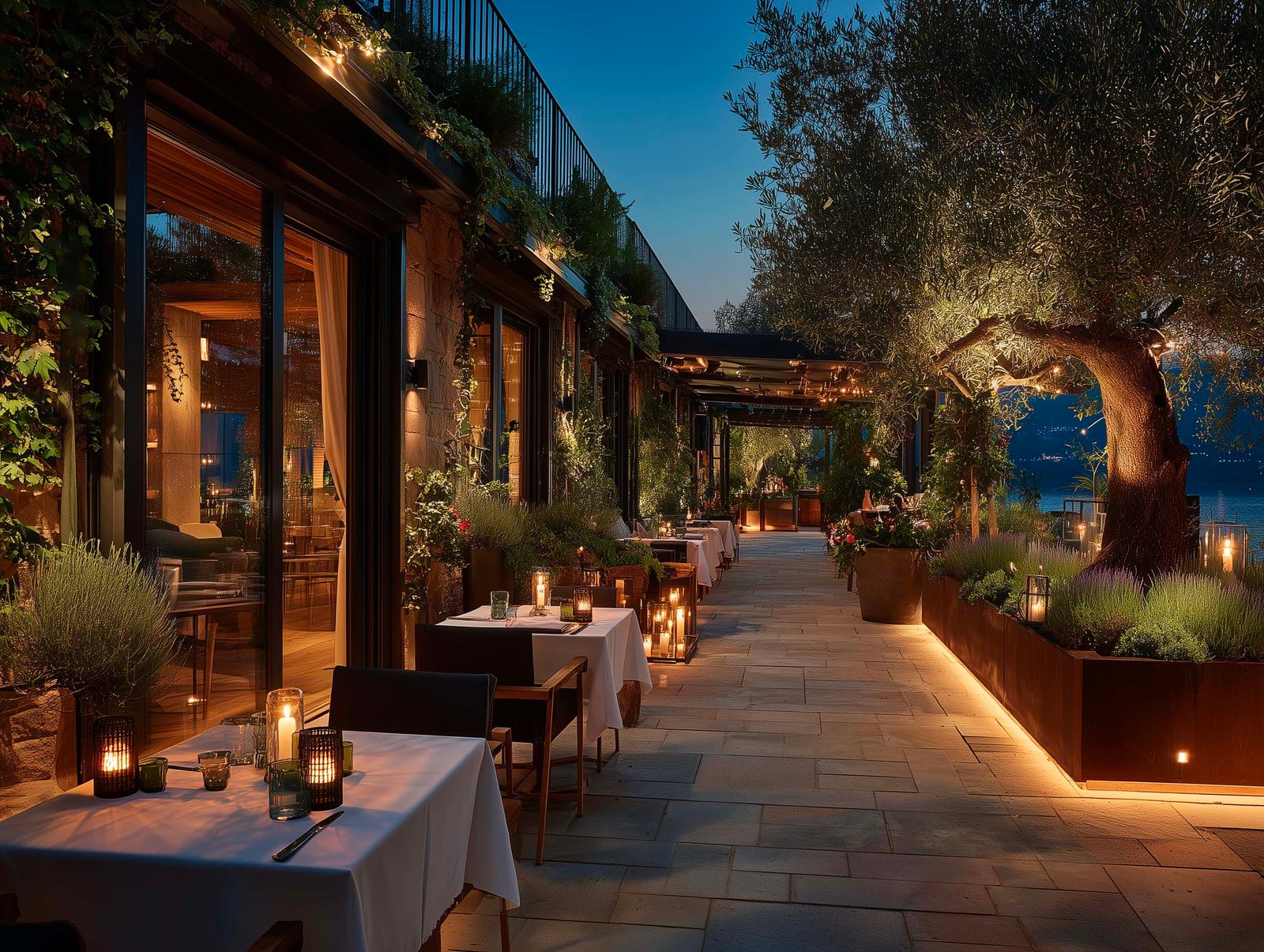 Terrazza ristorante serale con candele, partizione botanica in noyer con Jasminum in fiore, olivier illuminato e Lavandula in fioriera Pietra Serena, Paracelsus Gardens™