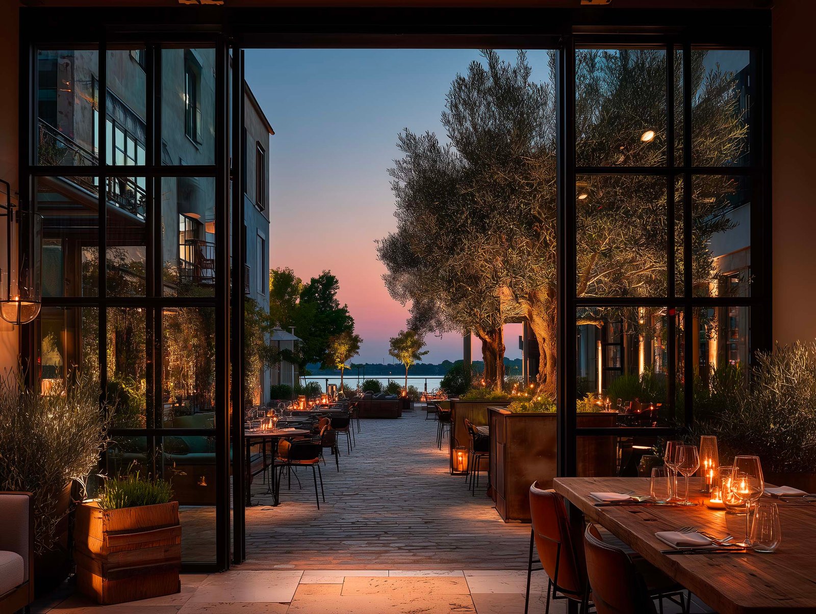 Soglia interno-esterno di ristorante al crepuscolo — vetrata in acciaio aperta, sala con candele e terrazza in transizione verso la notte, fioriere Lignum, Paracelsus Gardens™