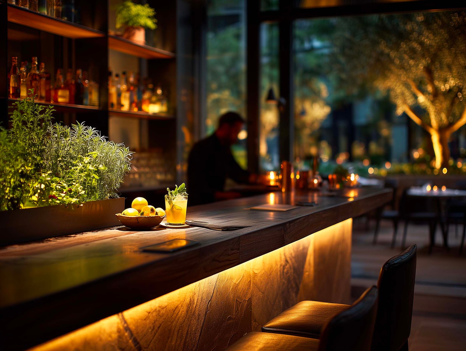 Bar di ristorante a fine serata — bancone Apotheca in noyer con aromatiche illuminate dal basso, ultimi cocktail e sala vuota con ultima candela, Paracelsus Gardens™