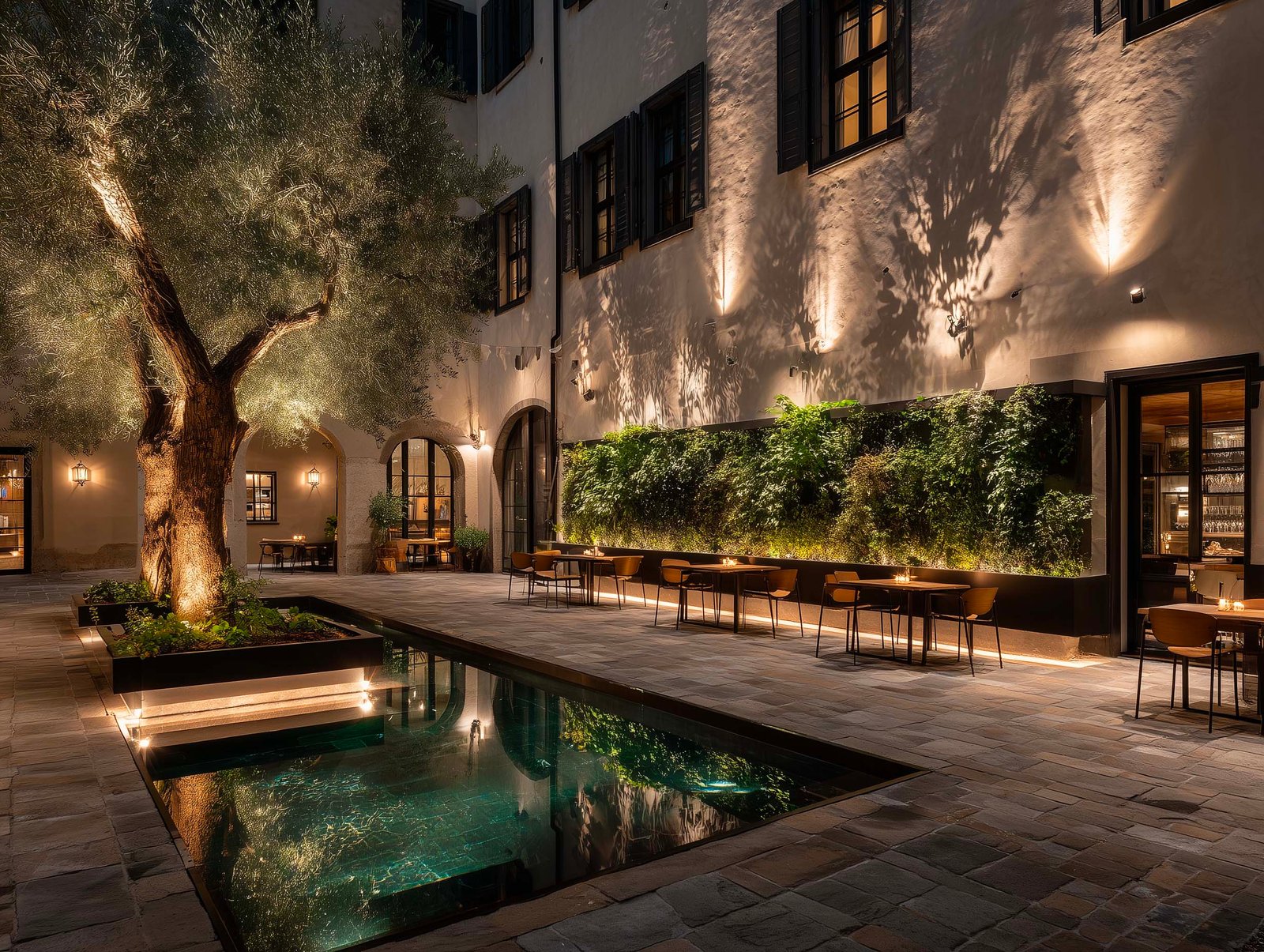Cortile di ristorante illuminato di notte — partizione botanica modulare retroilluminata, olivier con uplighting, specchio d'acqua in travertino e loggia con tavoli, Paracelsus Gardens™
