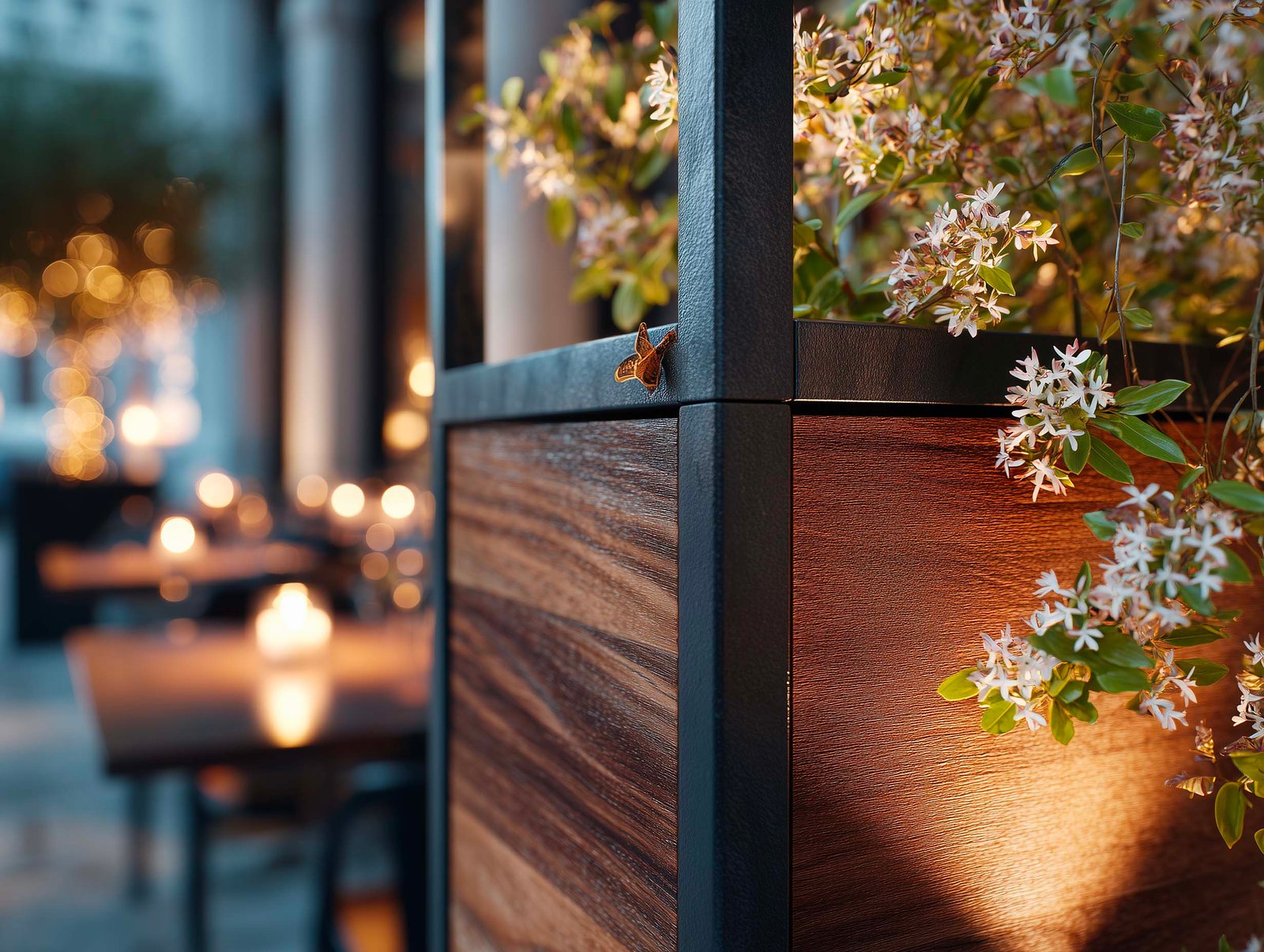 Dettaglio notturno di partizione botanica — Jasminum officinale in fiore illuminato da LED caldo, struttura in noyer fumé e Acciaio Brunito, candela sulla terrazza, Paracelsus Gardens™