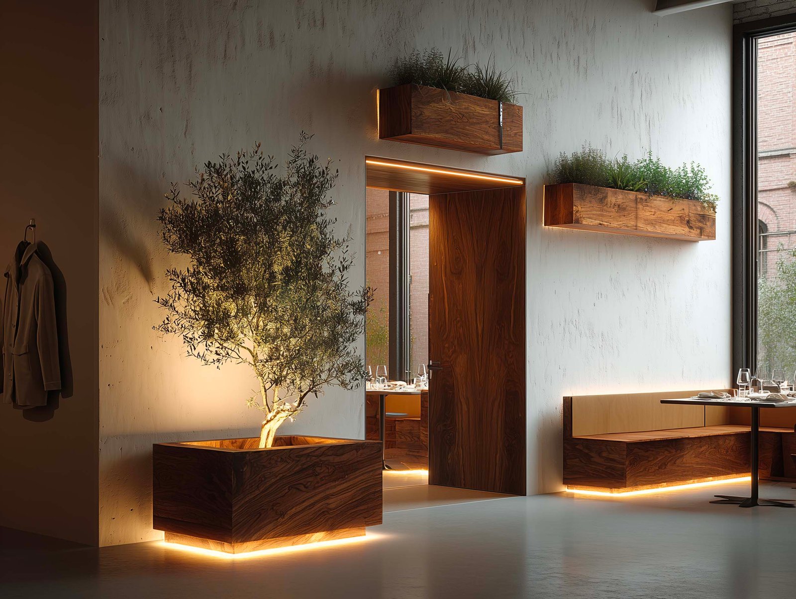 Ingresso minimalista di ristorante gastronomico a Milano — fioriera Lignum con olivier e LED integrata, porta in acciaio brunito e spazio essenziale, Paracelsus Gardens™