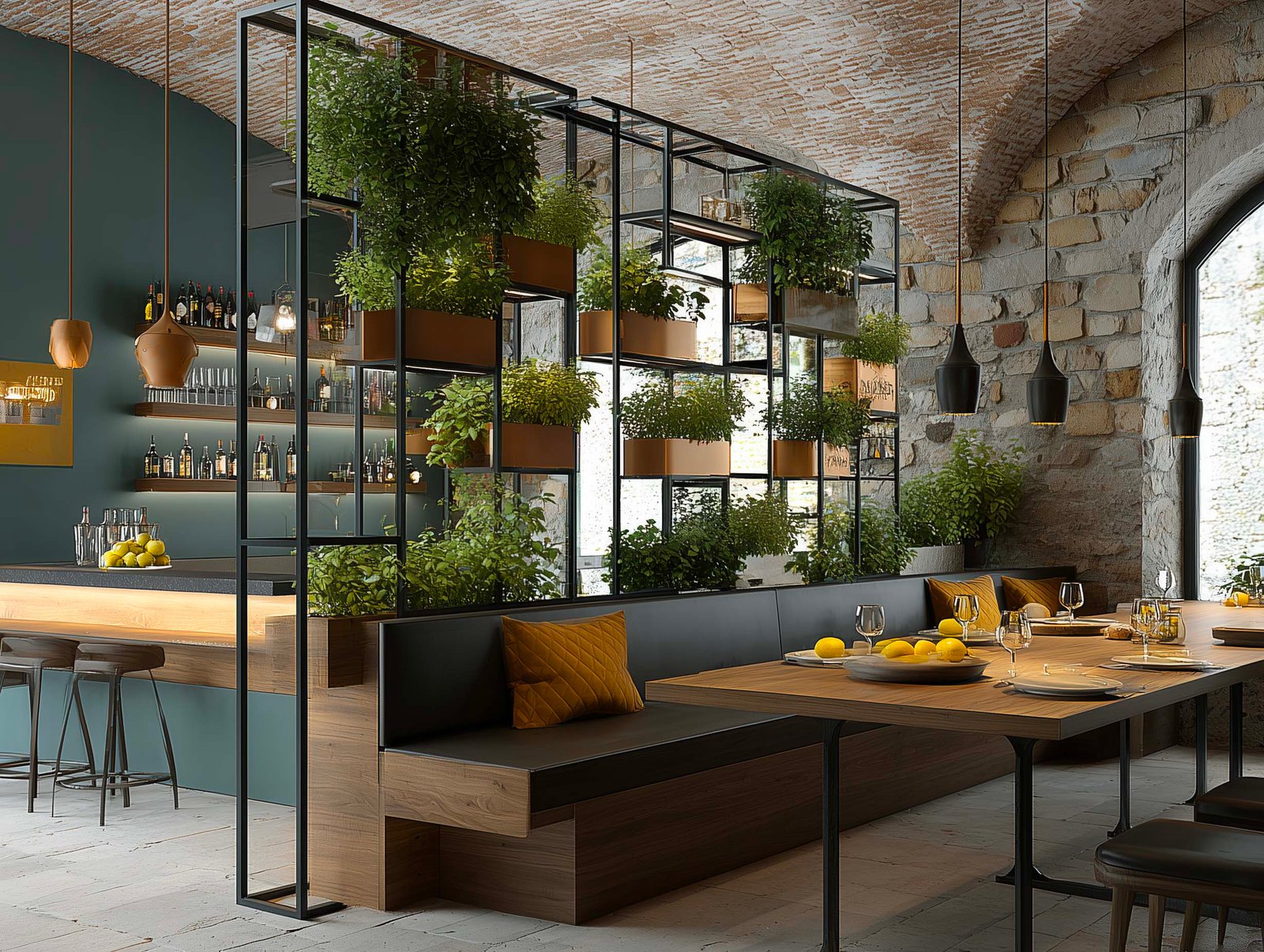 Osteria contemporanea con partizione botanica modulare in noyer e acciaio tra bar e sala — piante aromatiche abbondanti, volta in mattoni e atmosfera conviviale, Paracelsus Gardens™