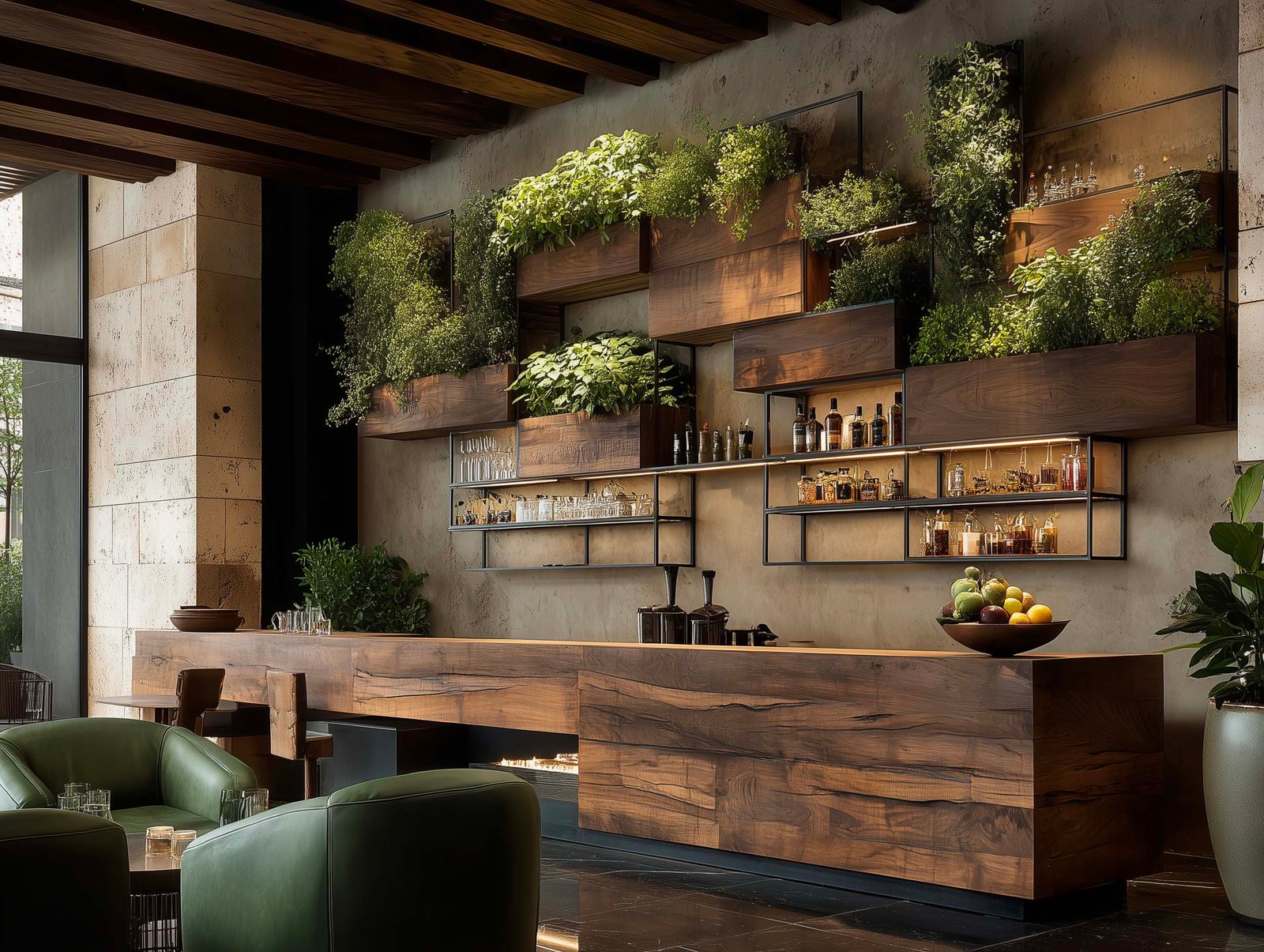 Lounge bar botanico con bancone in noyer massivo, fioriere murali con aromatiche retroilluminate, fauteuils in cuoio verde e atmosfera serale intima, Paracelsus Gardens™