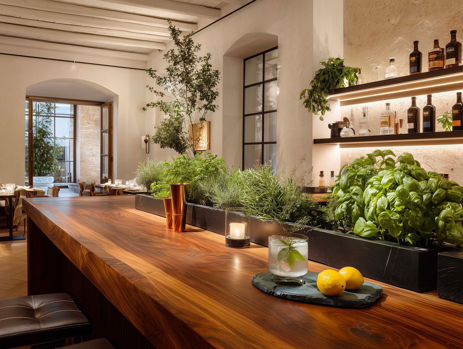 Bancone Apotheca in noyer fumé con fioriera integrata in pietra nera — basilico, Rosmarinus, Mentha viventi, cocktail botanico e jigger in rame, Paracelsus Gardens™