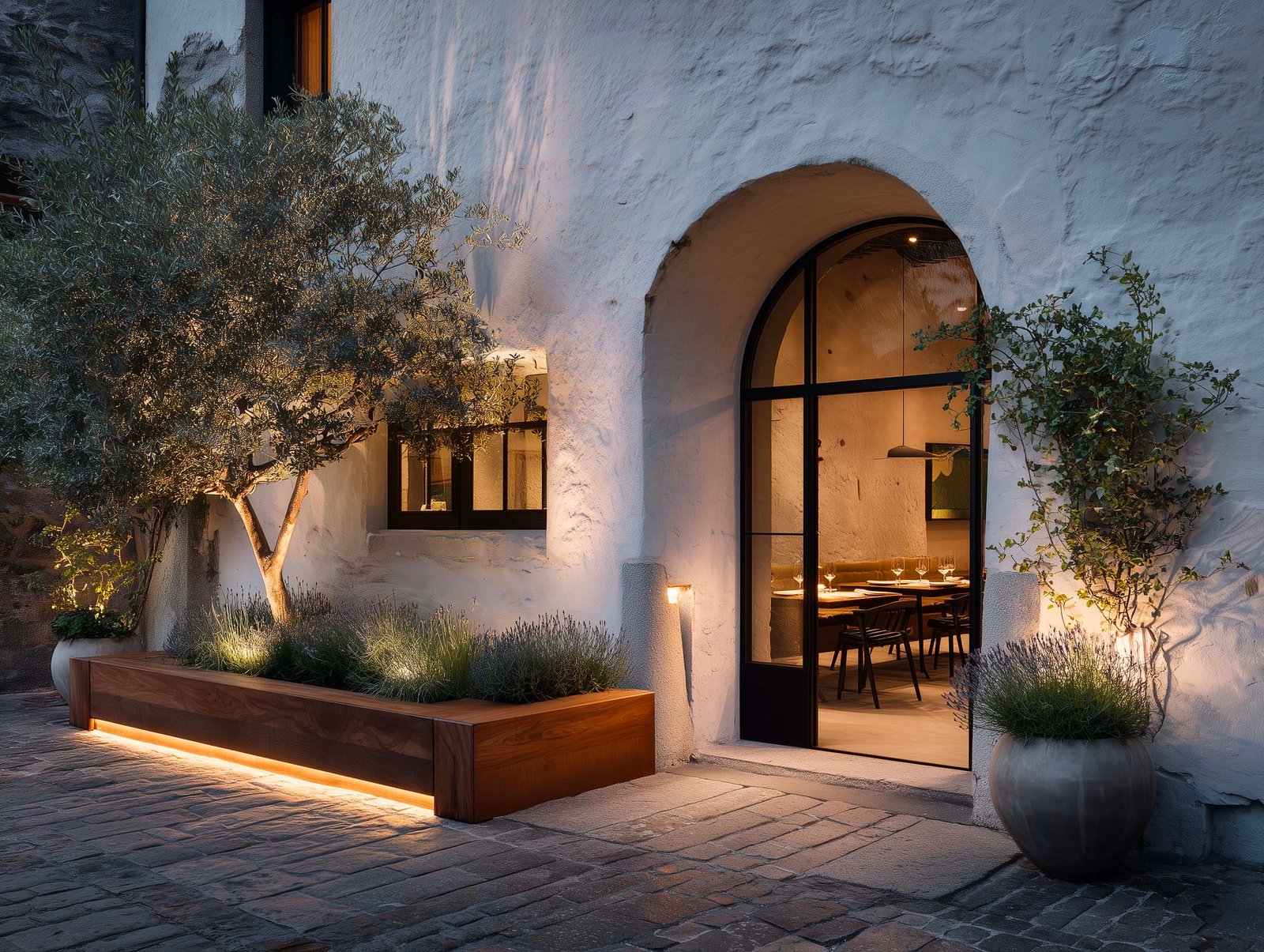 Ingresso esterno di ristorante al crepuscolo — fioriera Lignum in noyer con olivier e Lavandula, arco in acciaio nero e sala visibile con luce calda, Paracelsus Gardens™