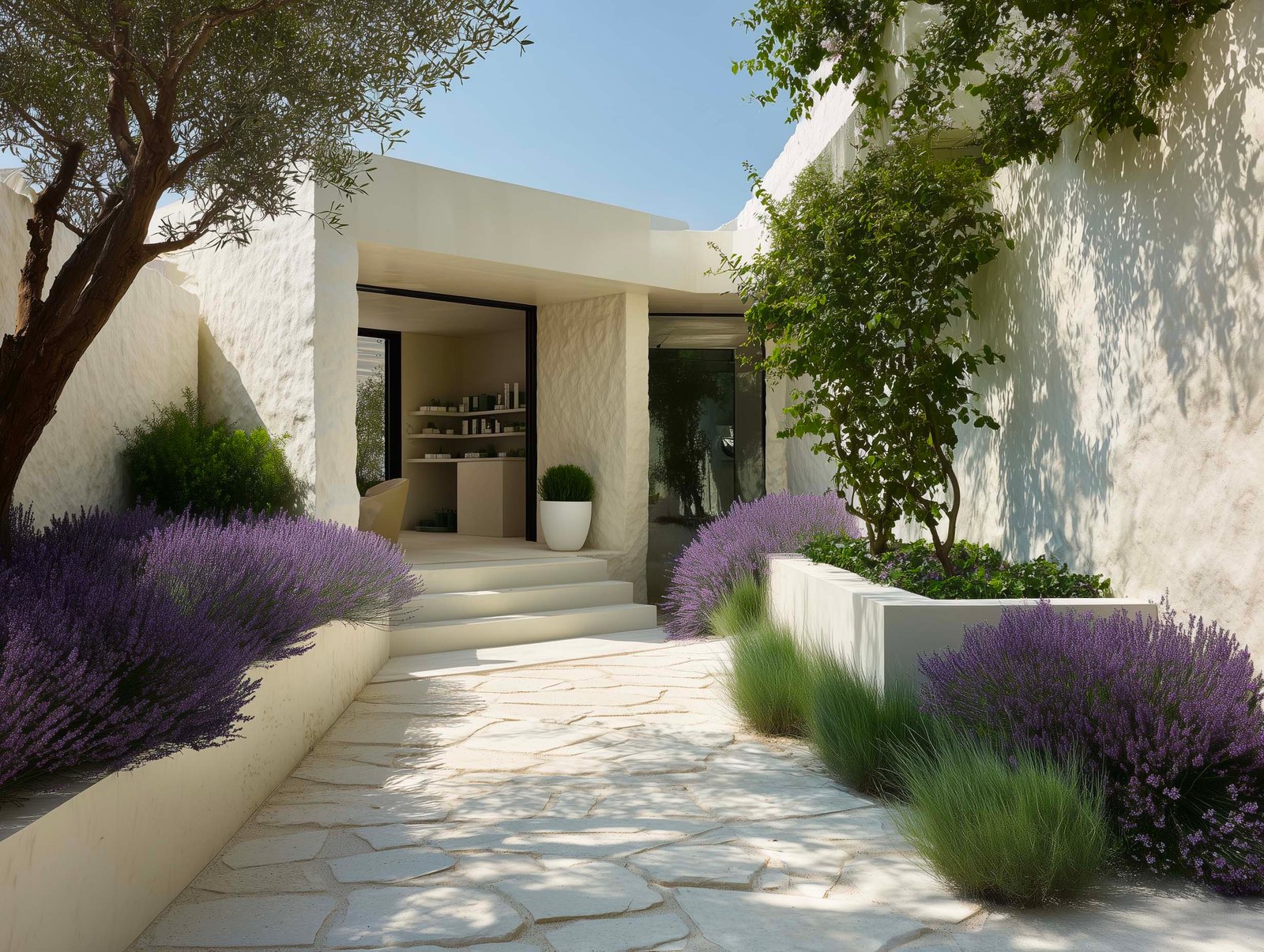 Giardino sensoriale di ingresso spa — Lavandula in fiore, olivier centenario e percorso in pietra verso lo spazio wellness, Paracelsus Gardens™