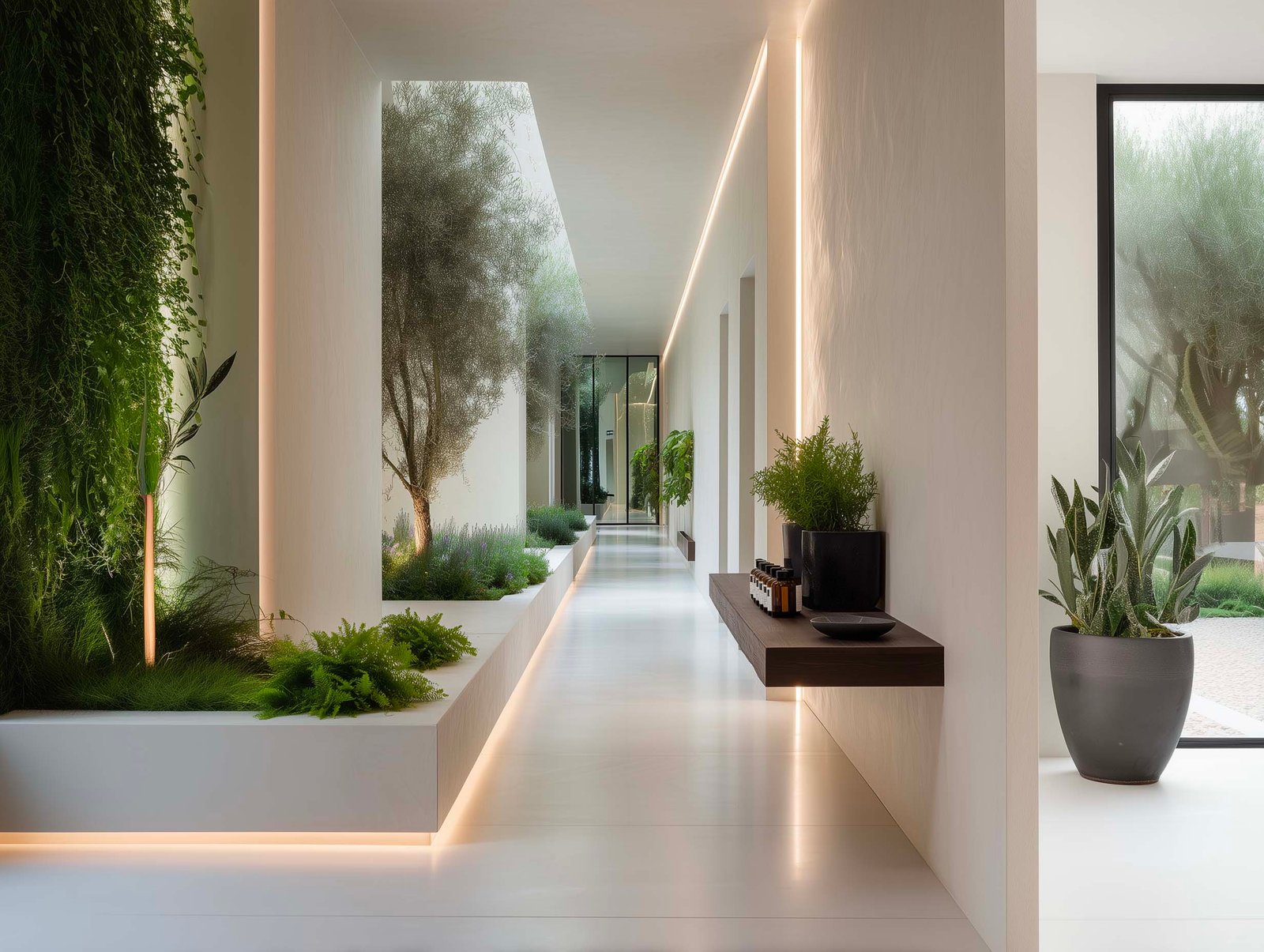 Corridoio spa contemporaneo con muro vegetale, jardinières integrate e mensola in noyer fumé con essenze botaniche e LED, Paracelsus Gardens™