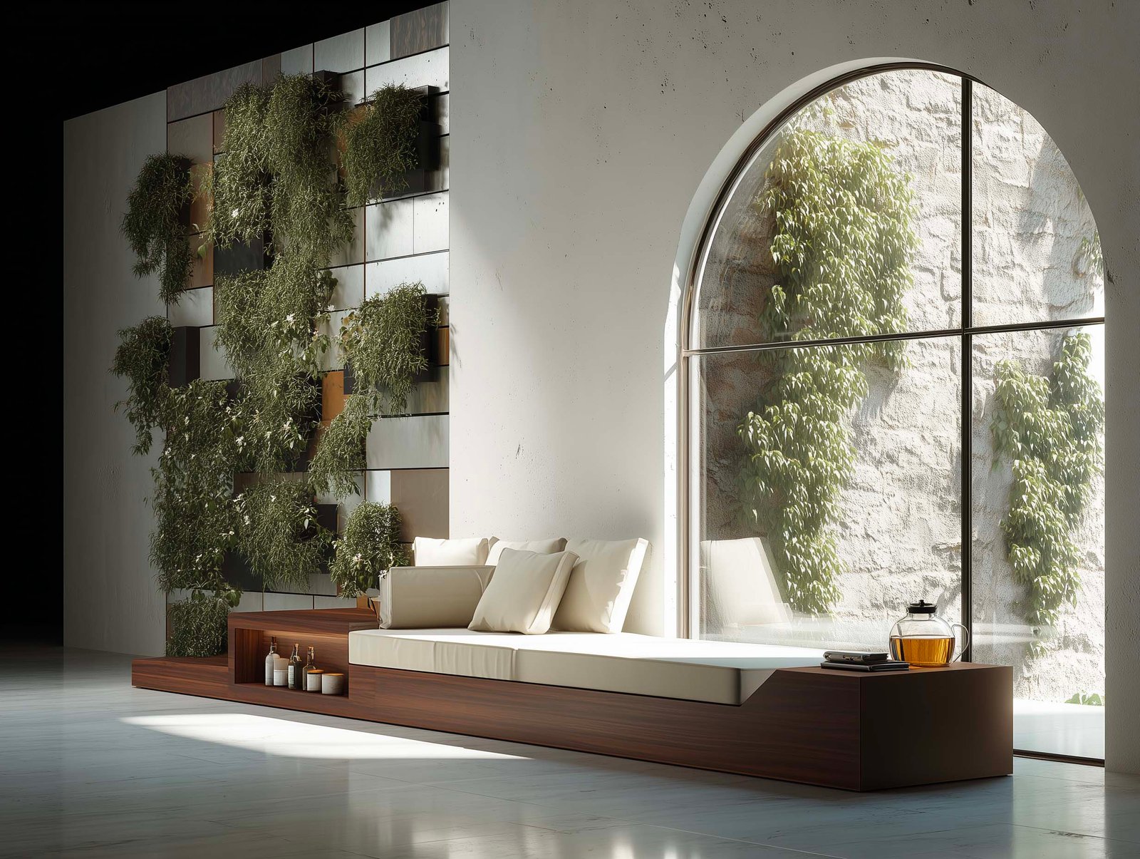 Lounge di accoglienza spa con partizione botanica modulare, banquette in noyer e tisana alle erbe, Paracelsus Gardens™