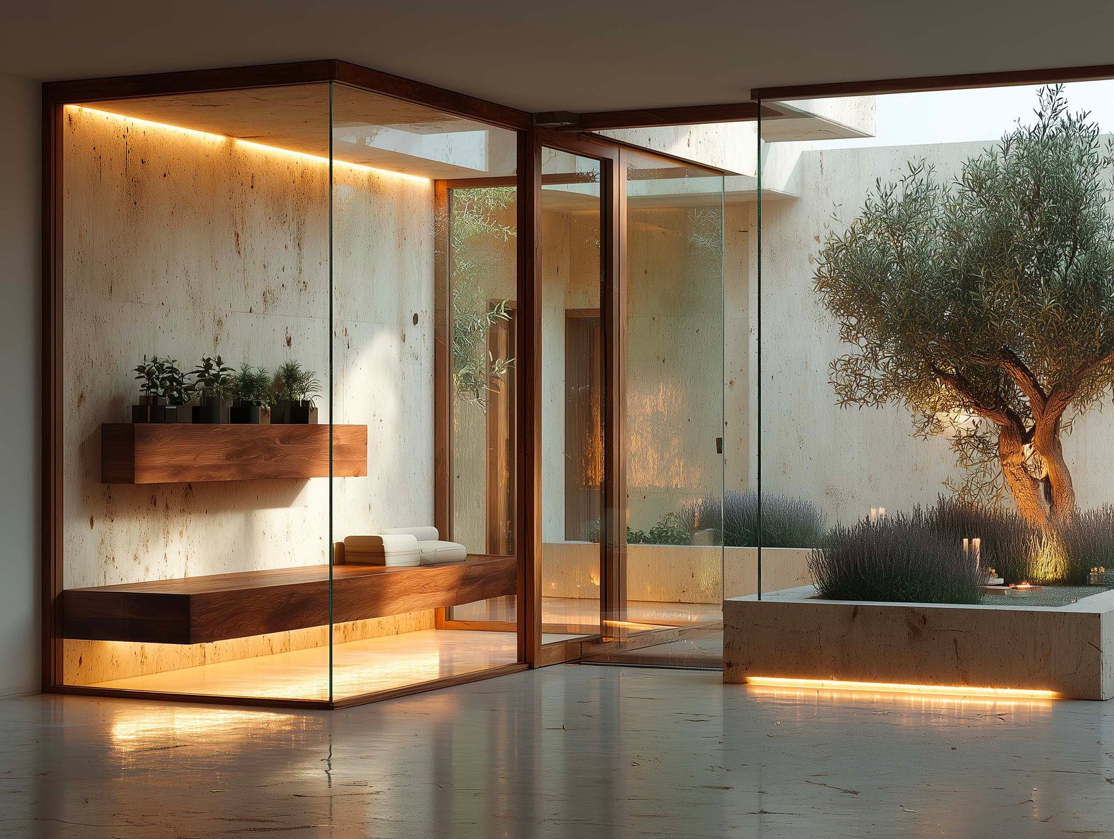 Transizione interno-esterno nel percorso spa — cabina con piante aromatiche e giardino con olivier visibile, Paracelsus Gardens™