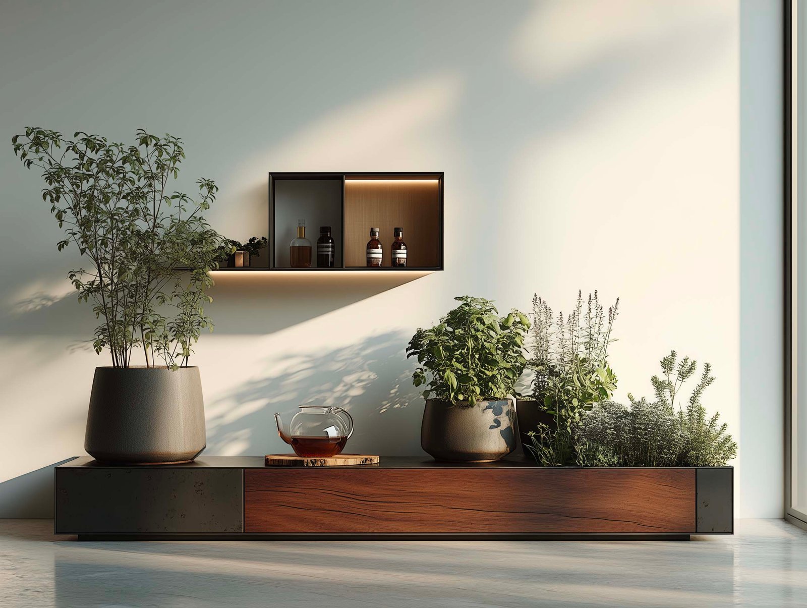 Console Apotheca in noyer fumé con piante aromatiche viventi per preparazione trattamenti spa — Rosmarinus, Mentha, basilico e infusione botanica, Paracelsus Gardens™