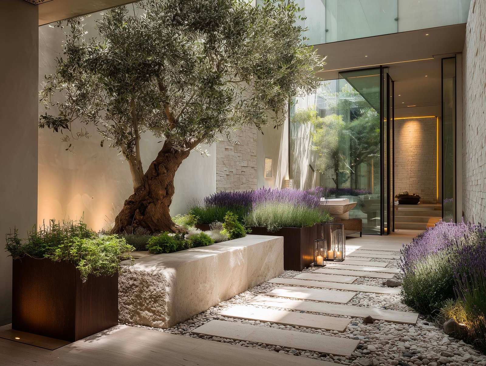 Giardino aromatico strutturato con fioriere in Corten e travertino — Lavandula in fiore, olivier centenario e percorso sensoriale, Paracelsus Gardens™