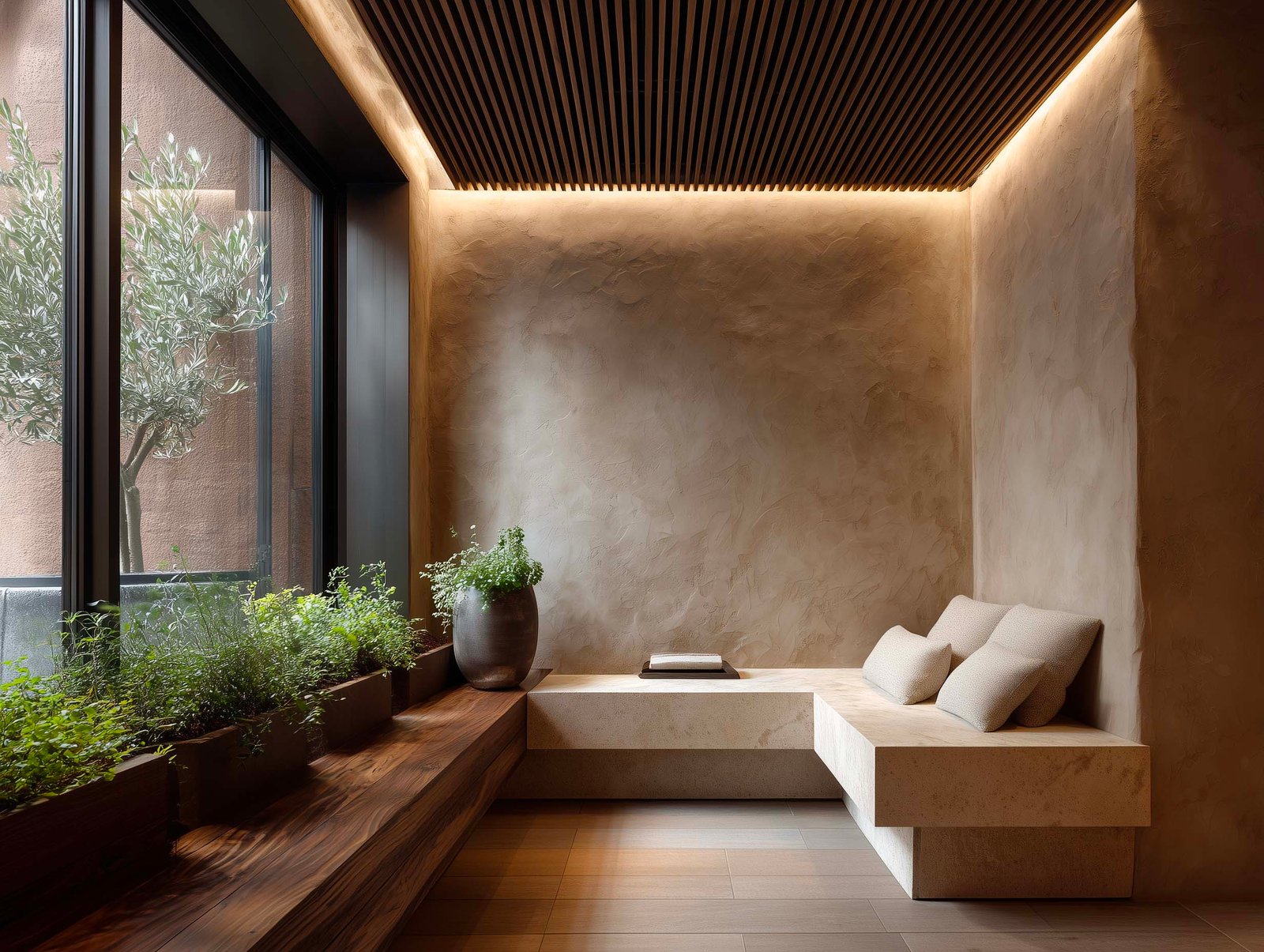 Spazio di attivazione con calore minerale — banquette in travertino, fioriere Lignum in noyer con piante aromatiche e soffitto a doghe, Paracelsus Gardens™