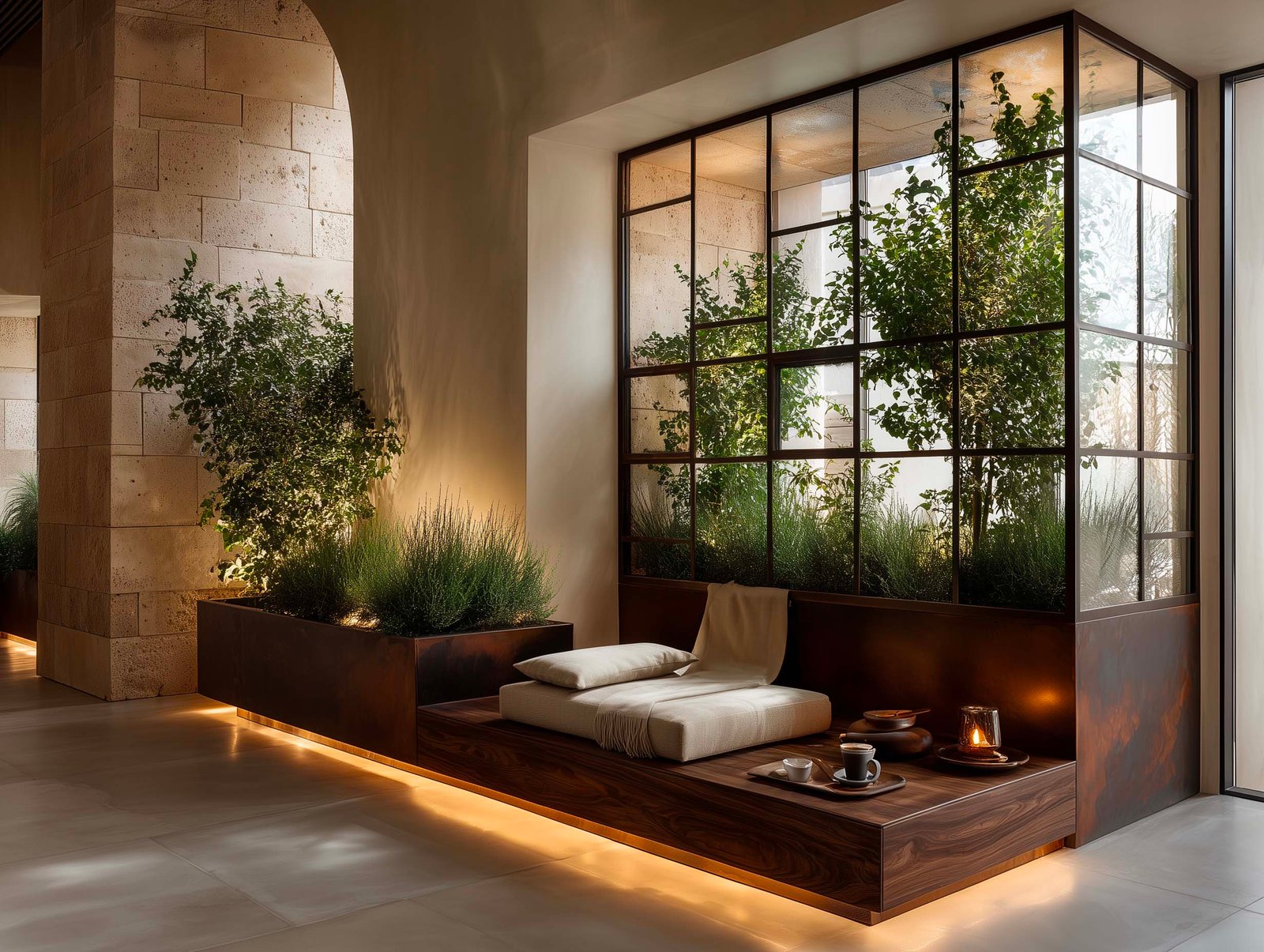 Alcova botanica con piattaforma in noyer fumé, fioriere Corten con jasmin rampicante e vetrata industriale verso il giardino, Paracelsus Gardens™