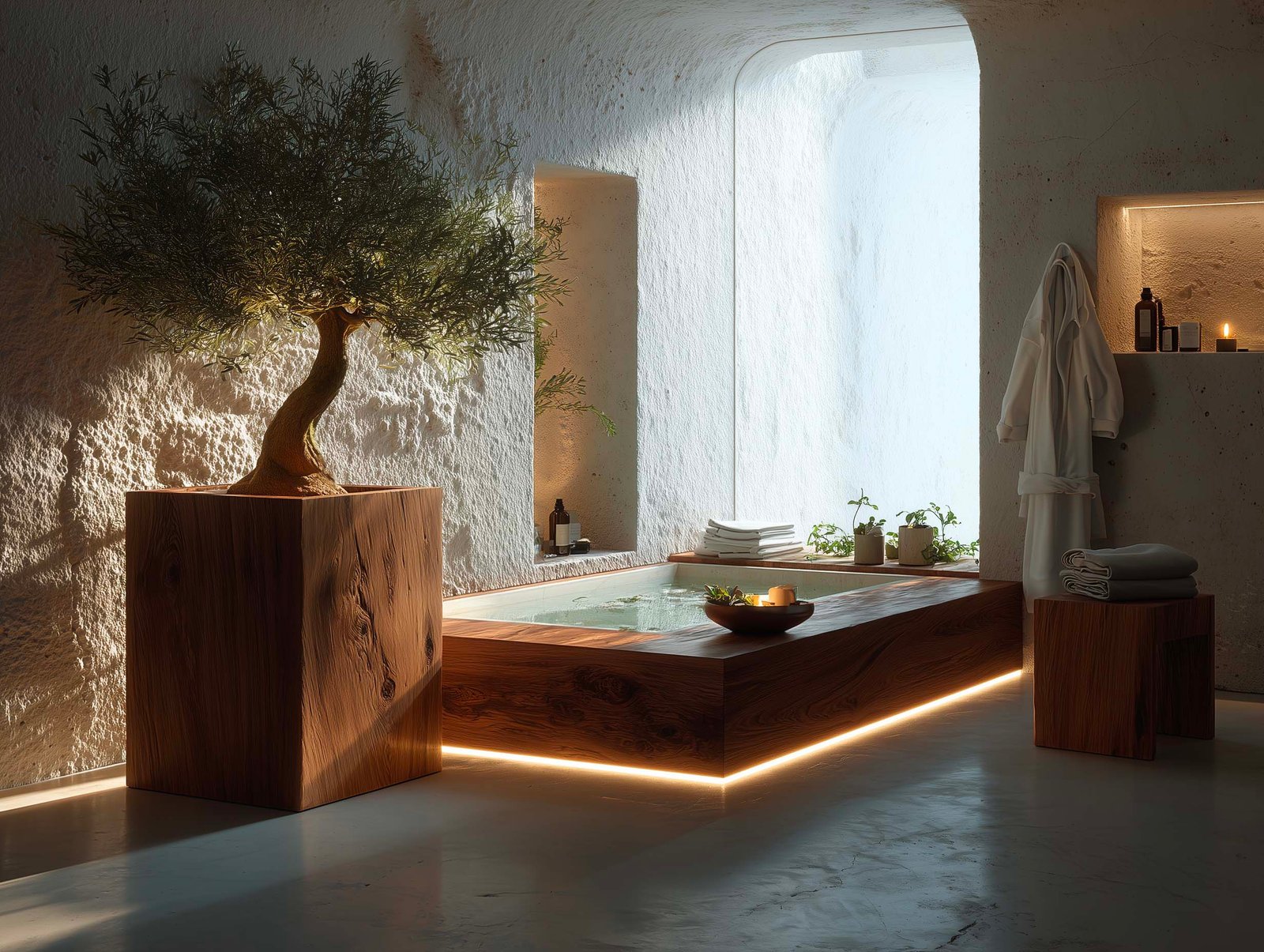 Spa privato residenziale in villa contemporanea — vasca in travertino con bordo in noyer fumé, fioriera Lignum con olivier e Lavandula, luce naturale e materiali nobili, Paracelsus Gardens™