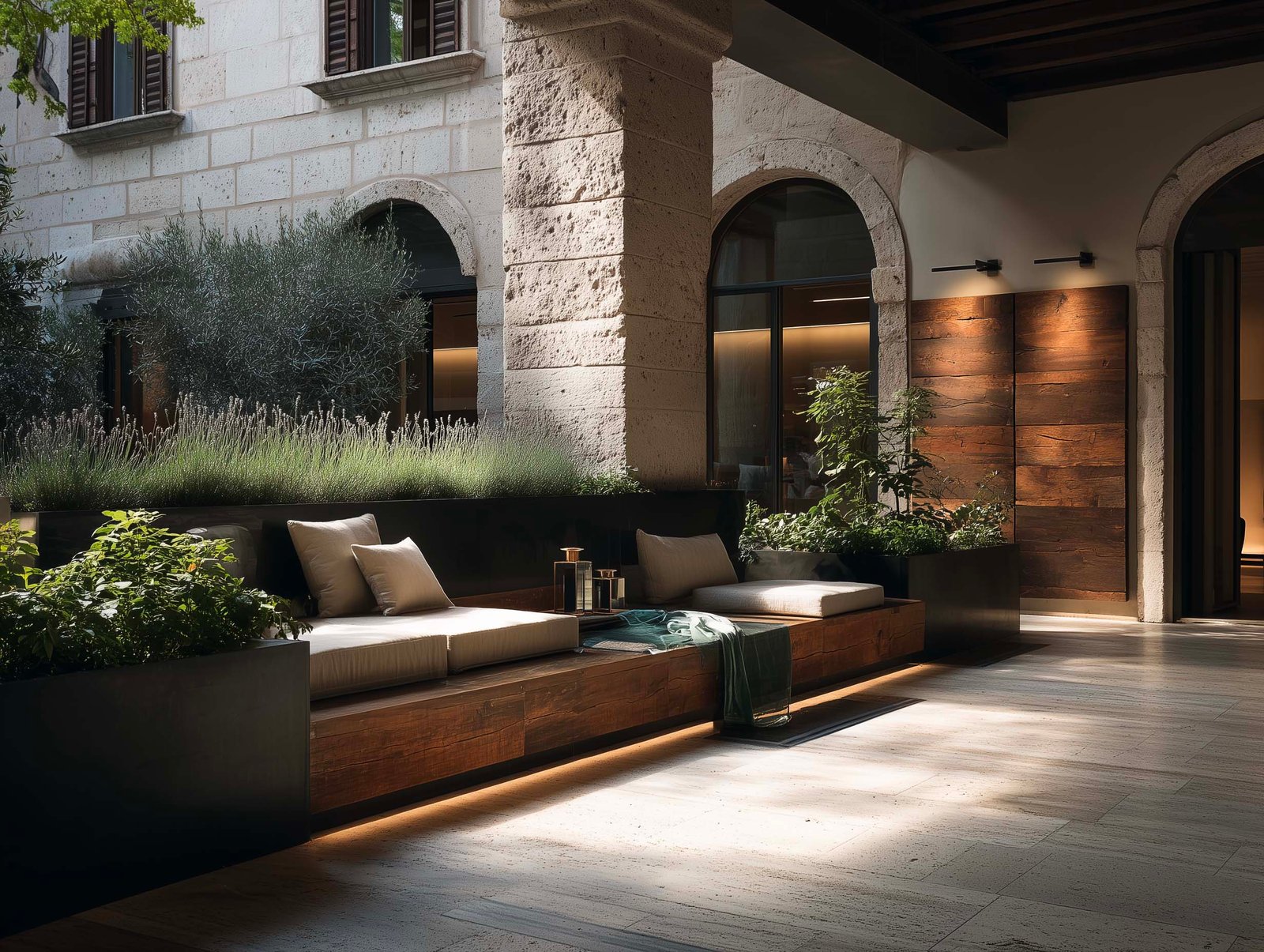 Programma spa completo in cortile di boutique hotel italiano — banquette in noyer con Lavandula, facciata in pietra con archi, pannello in noyer illuminato e vista sugli interni, Paracelsus Gardens™