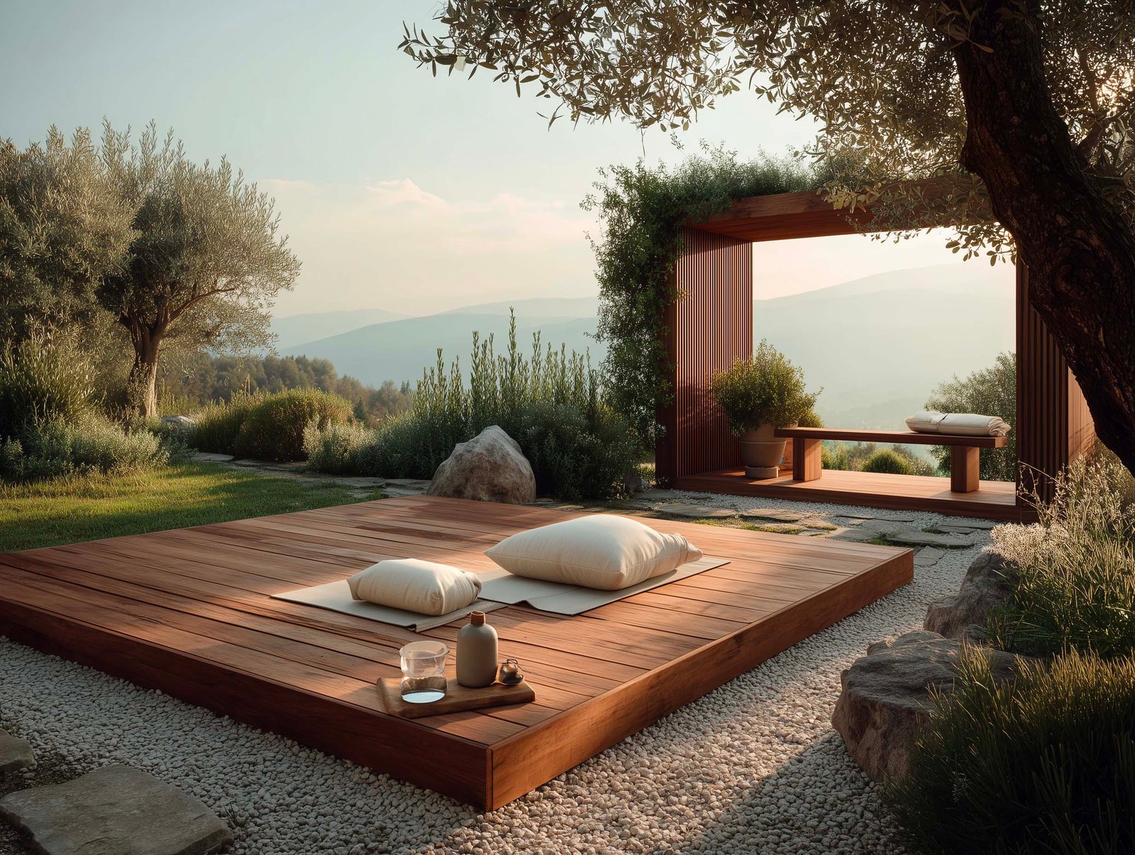 Spazio wellness ibrido all'aperto con piattaforma yoga in teak, padiglione in noyer con claustra e Jasminum, fioriere con Rosmarinus — vista sulle colline italiane all'alba, Paracelsus Gardens™