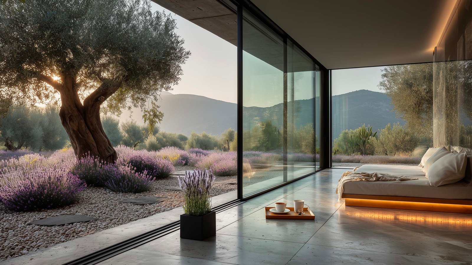 Padiglione wellness contemporaneo in vetro e acciaio con daybed, Lavandula in vaso nero e vista su oliveto e colline — architettura botanica come silenzio, luce e benessere, Paracelsus Gardens™