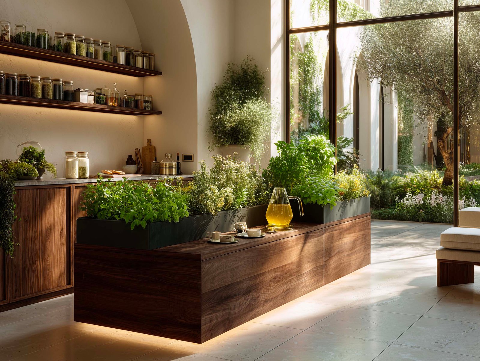 Tisaneria botanica con console Apotheca in noyer fumé, piante aromatiche viventi — Mentha, Rosmarinus, basilico e infusione dorata, mensole con erbe essiccate e LED integrata, Paracelsus Gardens™