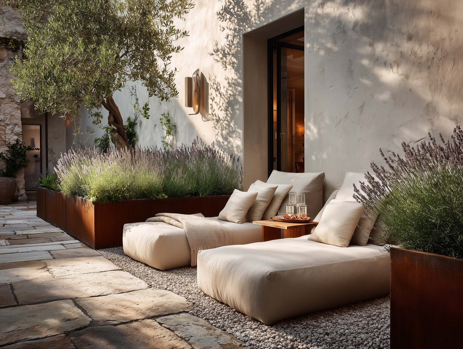 Terrazza di riposo post-trattamento con daybeds in lino crema, fioriere Corten con Lavandula in fiore e Rosmarinus — olivier centenario e luce dorata del tardo pomeriggio, Paracelsus Gardens™