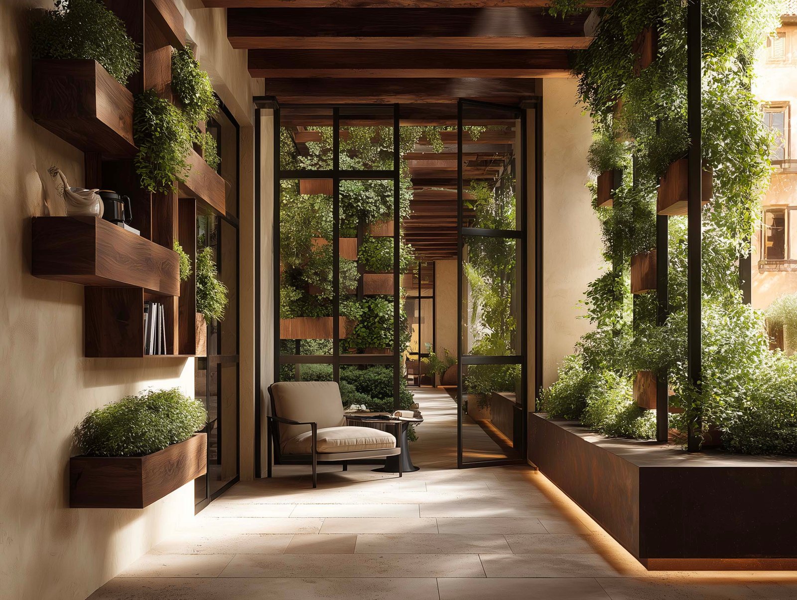 Spazio ibrido interno-esterno con struttura modulare in noyer fumé e acciaio, fioriere integrate con piante retombanti, pergola con Jasminum e vista sul giardino — soglia tra spa e hotel, Paracelsus Gardens™