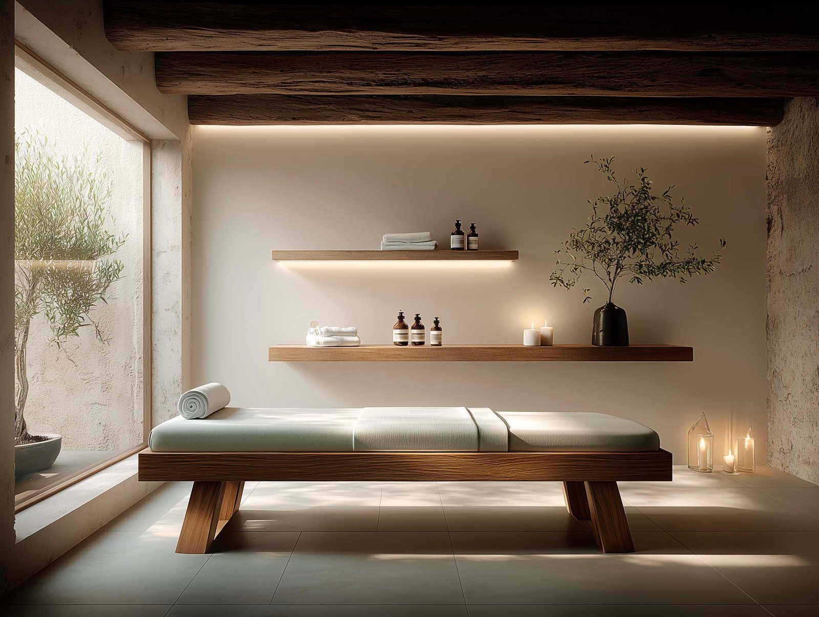 Cabina di massaggio in boutique hotel italiano — tavolo professionale con lenzuola bianche, mensole in noyer fumé con Rosmarinus vivente e oli essenziali, luce soffusa e travertino, Paracelsus Gardens™