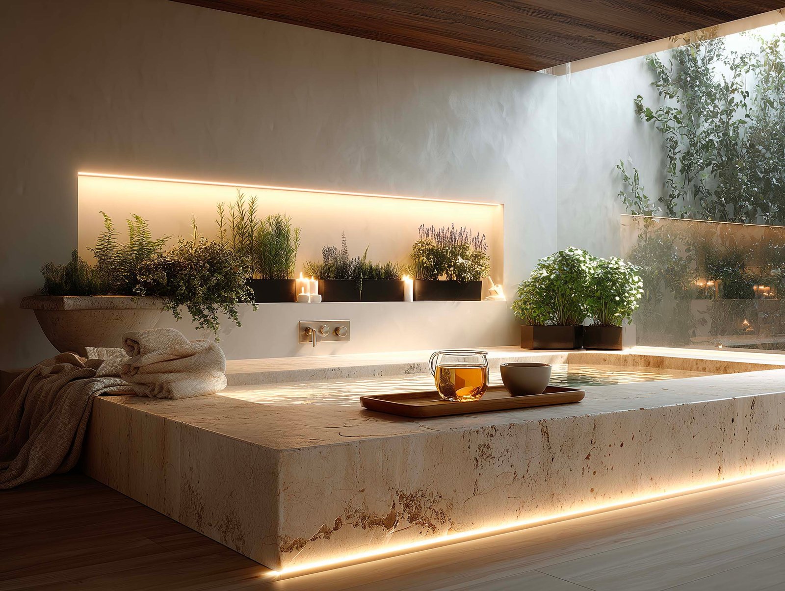 Vasca termale in spa con mensola in noyer e piante aromatiche — Lavandula e Mentha in vasi neri, infusione alle erbe su vassoio in noyer e luce calda filtrata, Paracelsus Gardens™