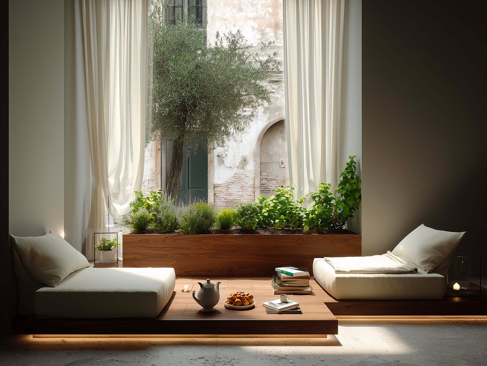 Sala di riposo spa con chaise longues su piattaforma in noyer, tisana botanica e fioriera Lignum con aromatiche — vista su corte storica con olivier, Paracelsus Gardens™