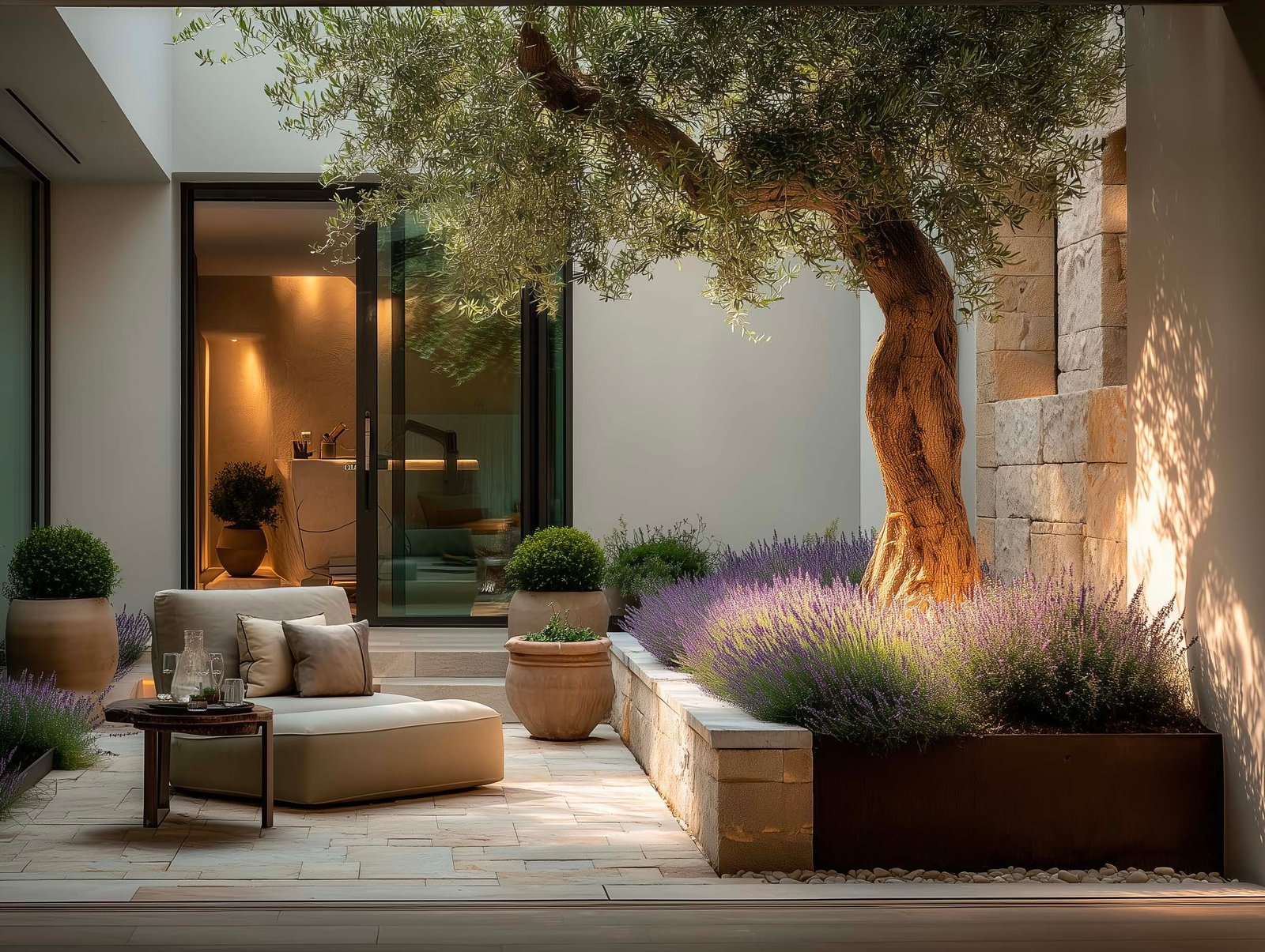 Corte giardino di spa con olivier centenario, Lavandula in letti rialzati in pietra e fioriera Corten con Rosmarinus — spazio di respiro tra i trattamenti, Paracelsus Gardens™