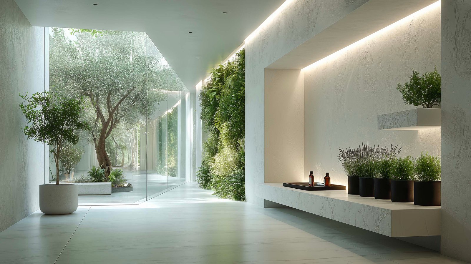 Ambiente spa contemporaneo che integra architettura botanica, piante aromatiche e progettazione benessere interno–esterno